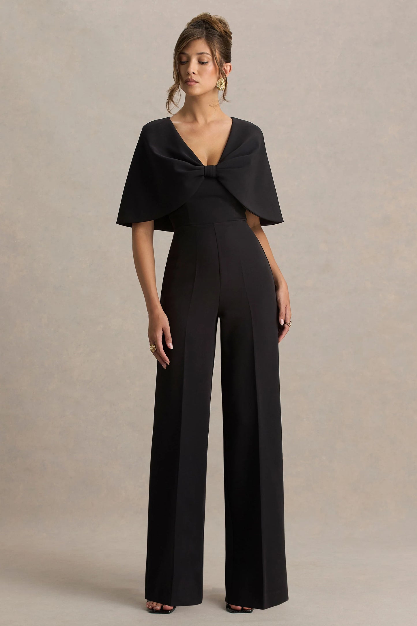 Vivid Black Plunge-Neck Jumpsuit With Bow-Detail