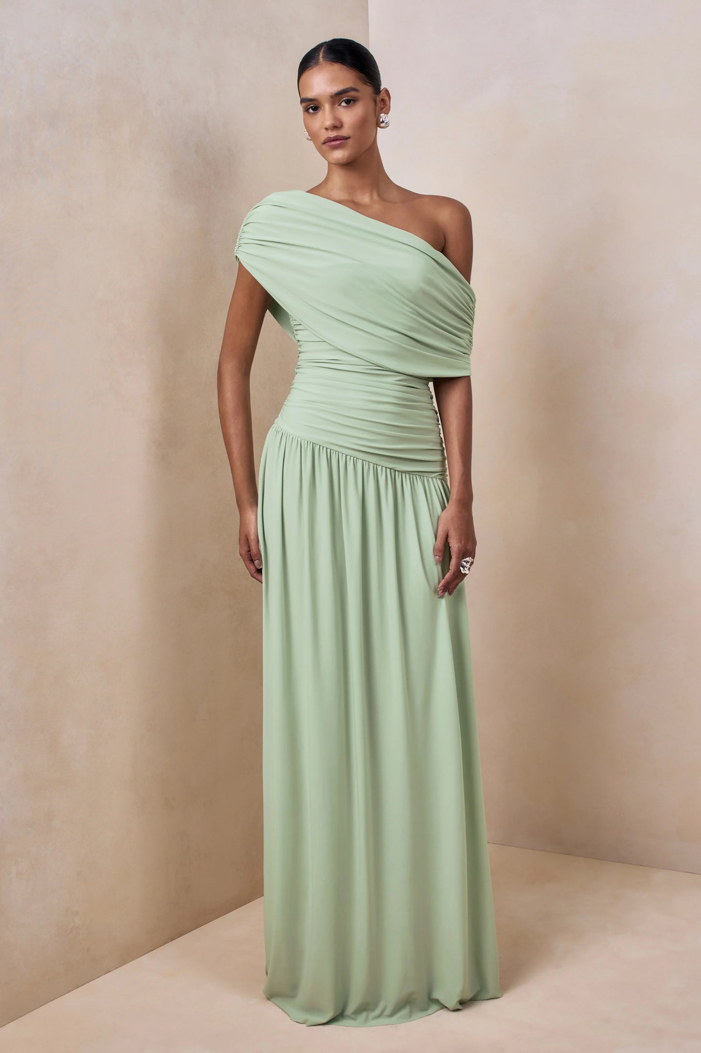 Emberly Green Draped Asymmetric-Neck Maxi Dress With Drop-Waist