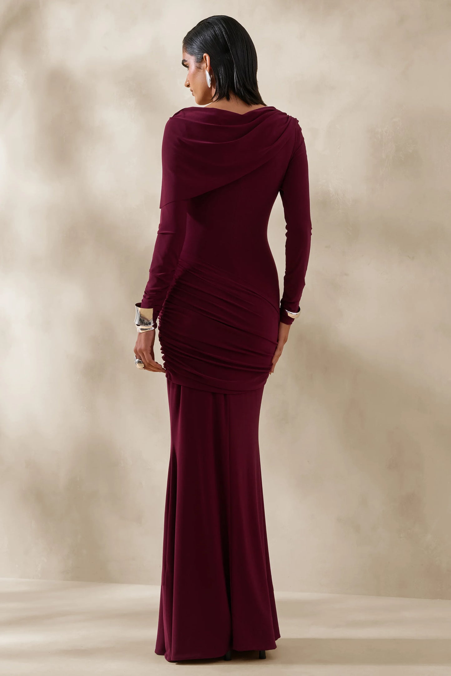 Kessara Burgundy Asymmetric-Neck Maxi Dress With Sash And Gathered-Detailing