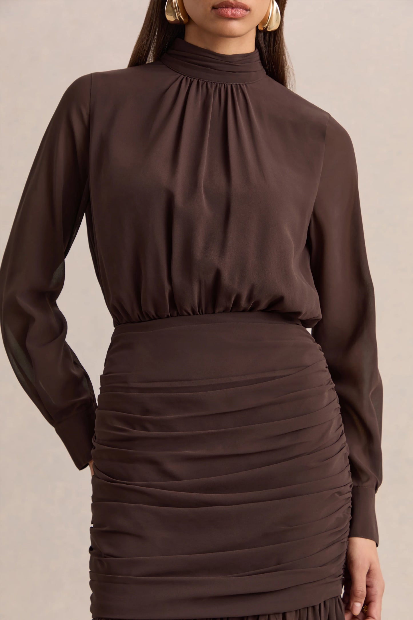 Zella Brown High-Neck Maxi Dress With Sheer-Skirt