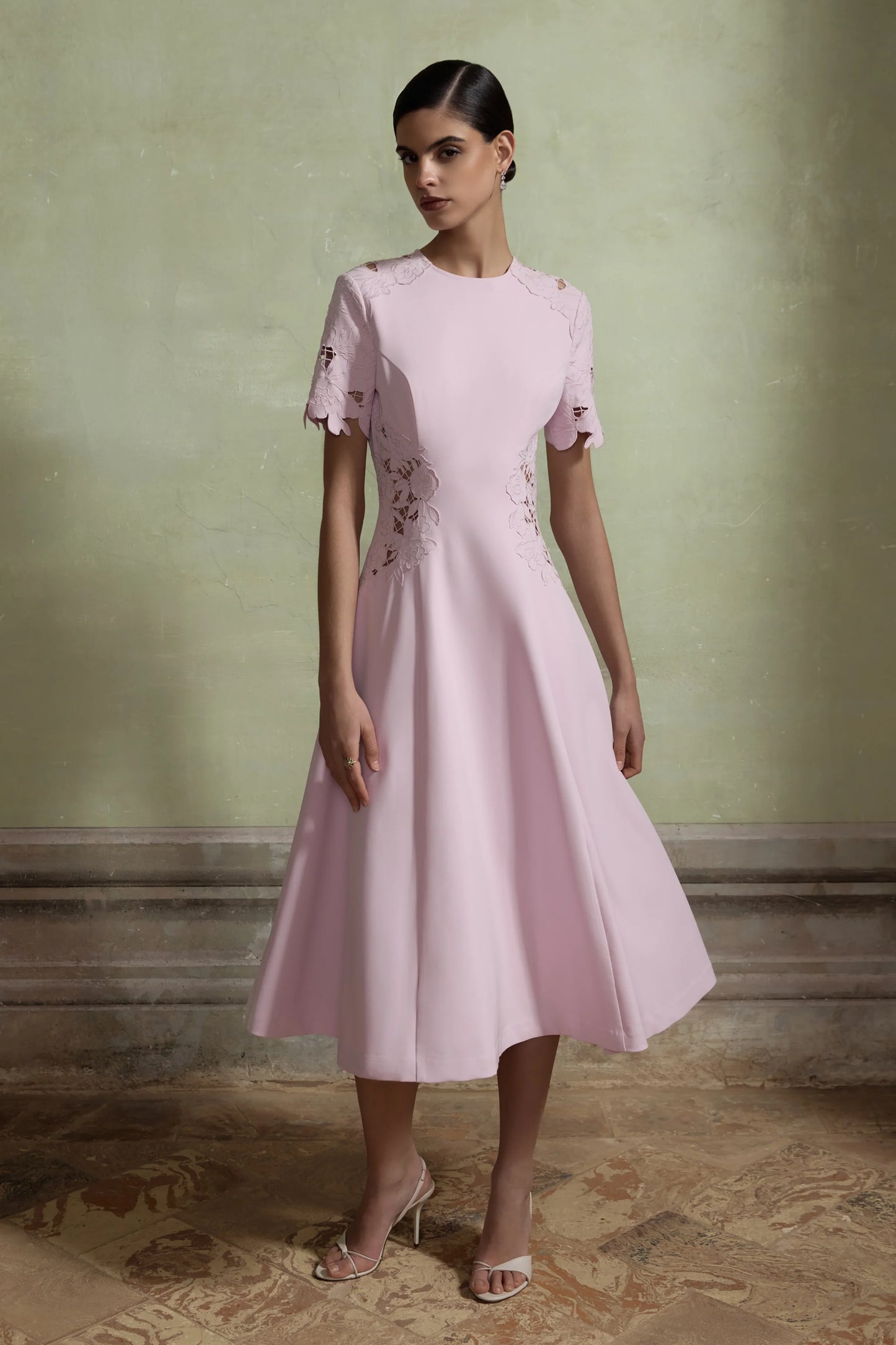 So Sweet Pink Crew-Neck Midi Dress With Cut-Out Embroidered Detailing