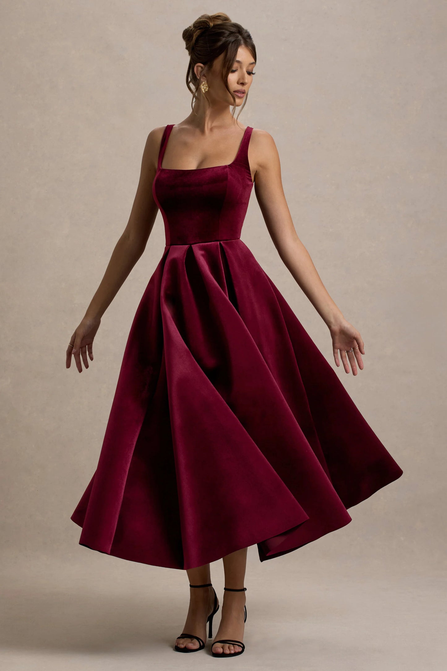 Francisca Berry Velvet Strappy Volume-Hem Midi Dress