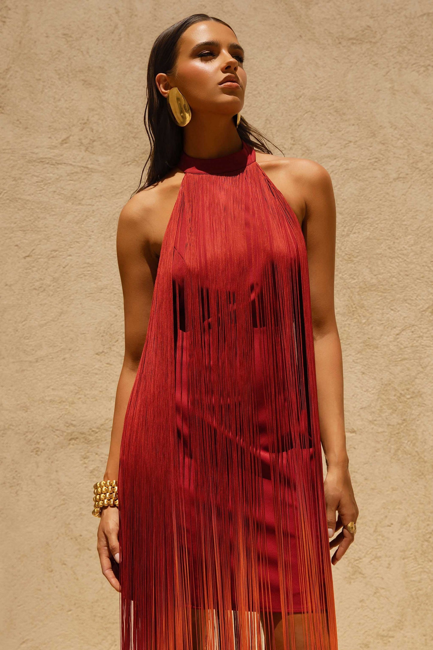 Alessia Orange Ombre Fringe High-Neck Maxi Dress