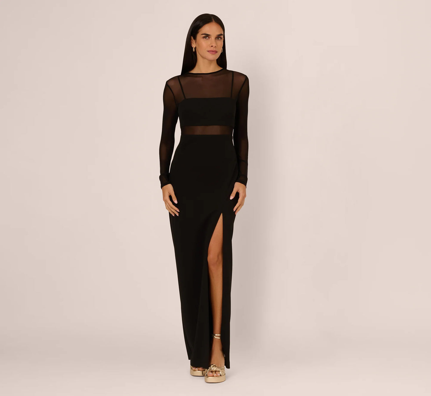 Long Sleeve Knit Crepe Mesh Illusion Column Dress In Black