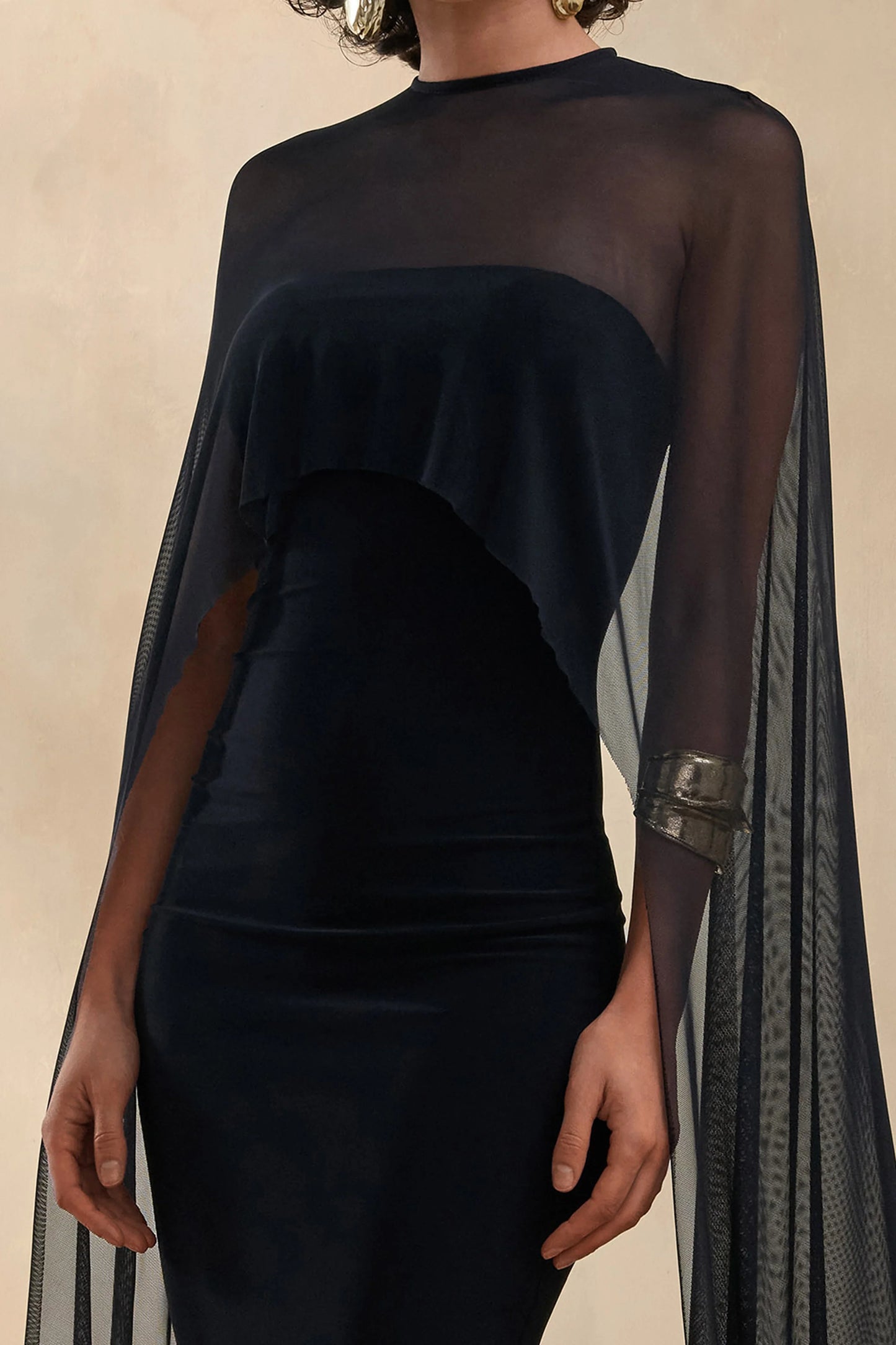 Filippa Black Crew-Neck Midi Dress With Sheer Cape-Sleeves