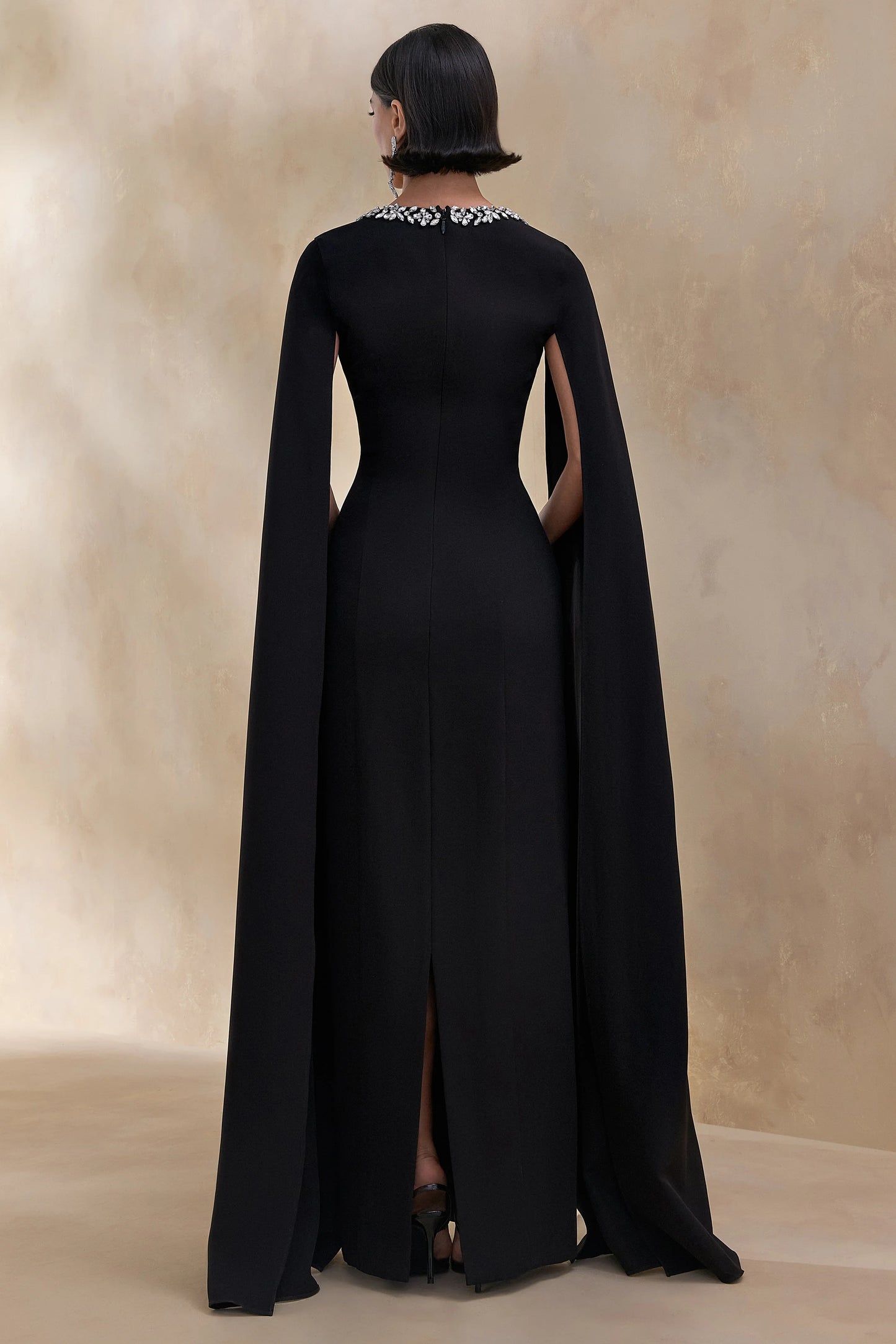 Glossy Black Woven Square-Neck Maxi Dress With Cape Sleeves and Hand-Embellished Detail