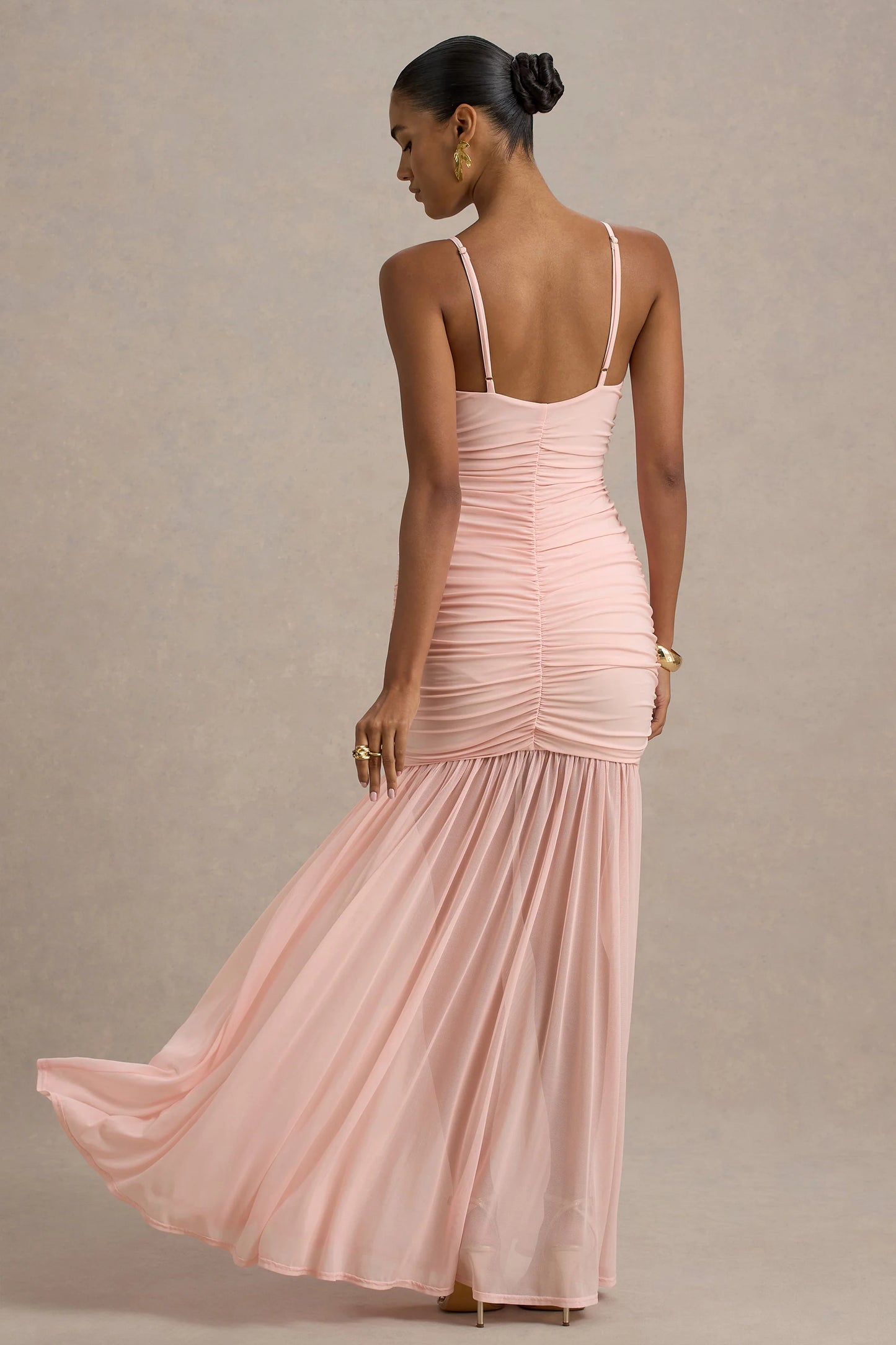 Pasqualina Pink Ruched Plunge-Neck Maxi Dress