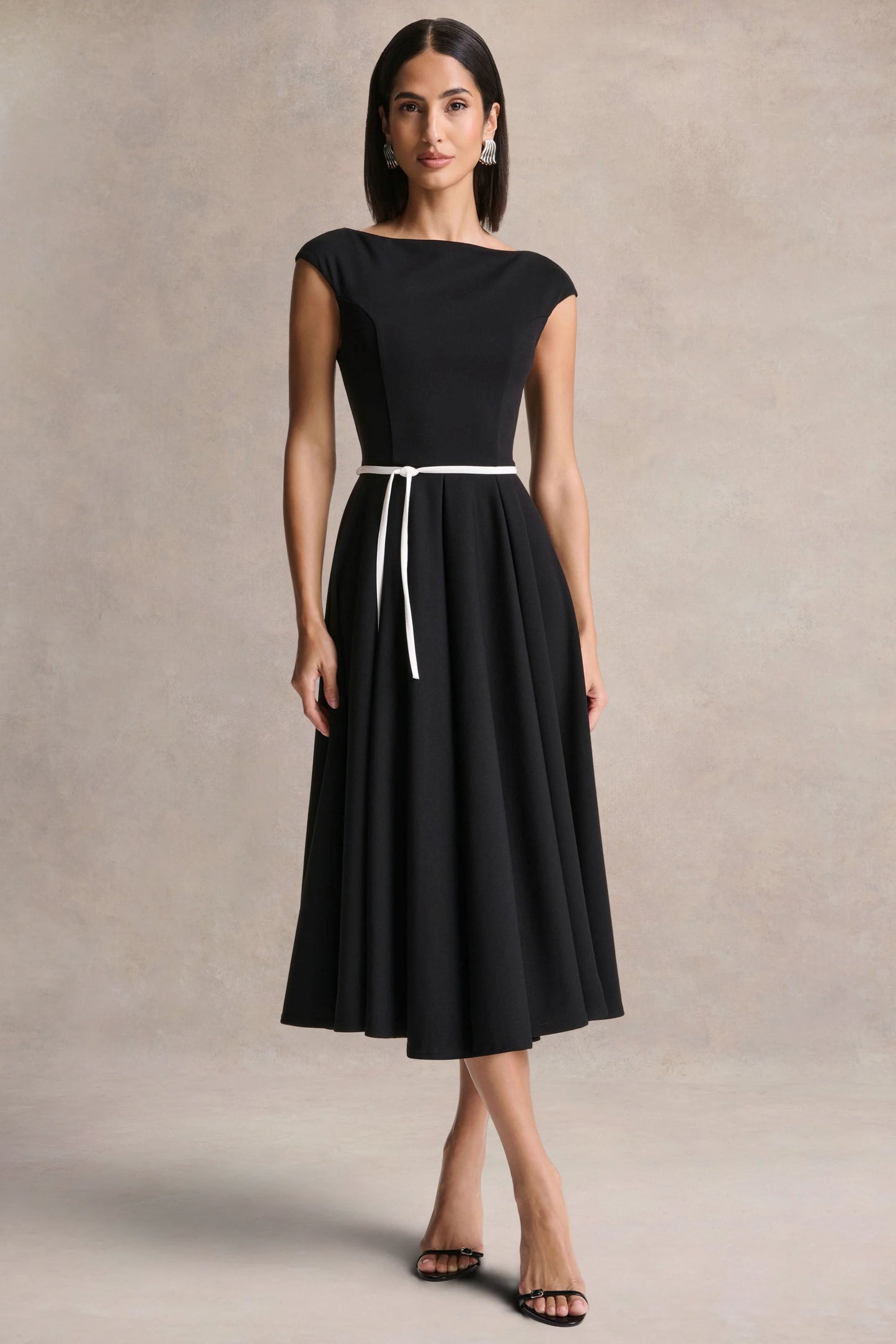 Nataline Black Round-Neck Midi Dress With White Belt-Detail