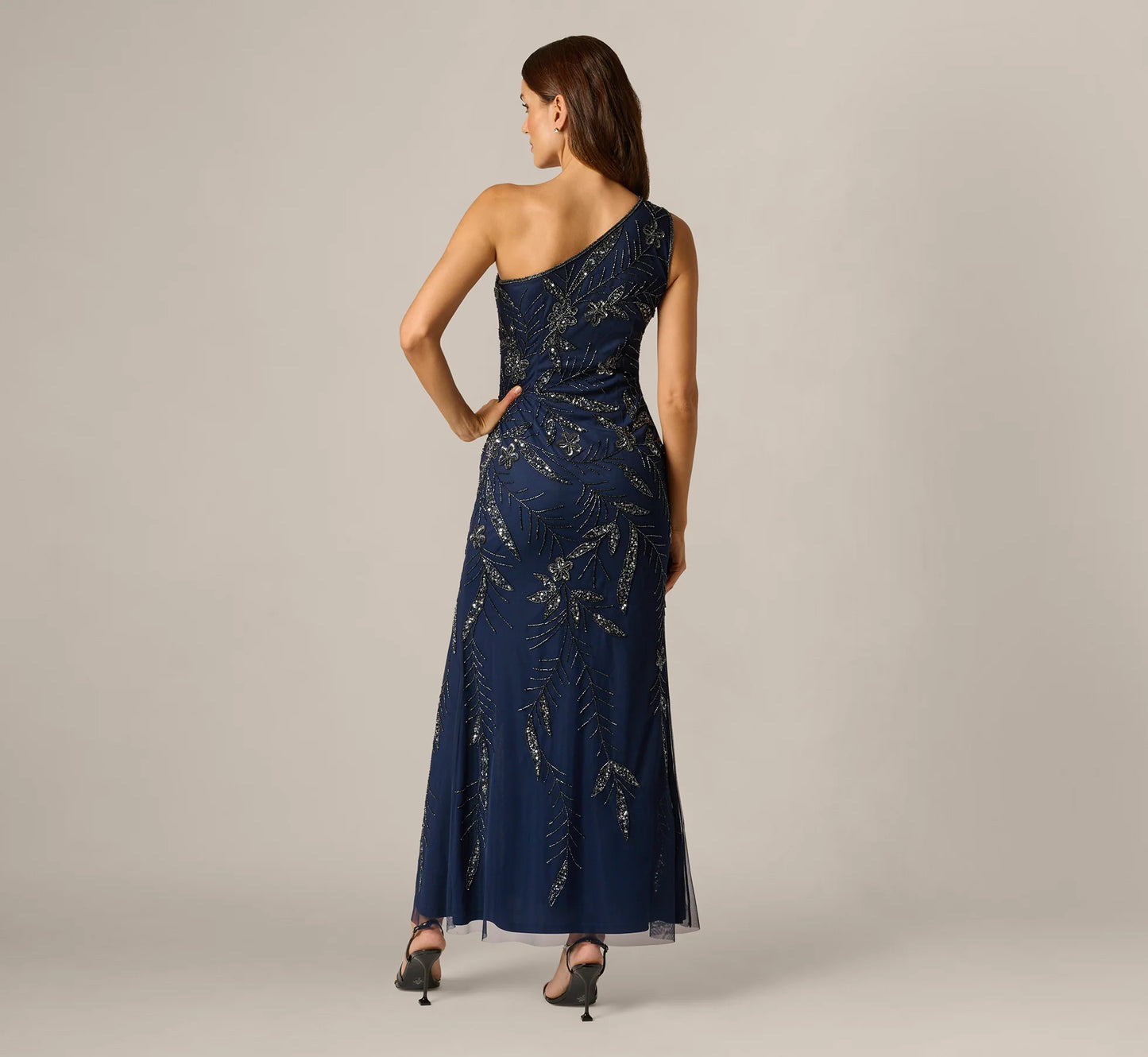 One Shoulder Floral Sequin Bead Gown In Light Navy