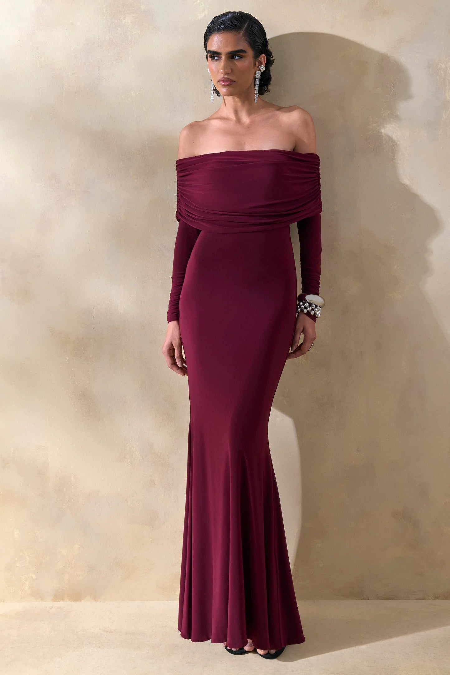 Brisea Burgundy Bardot-Neck Maxi Dress