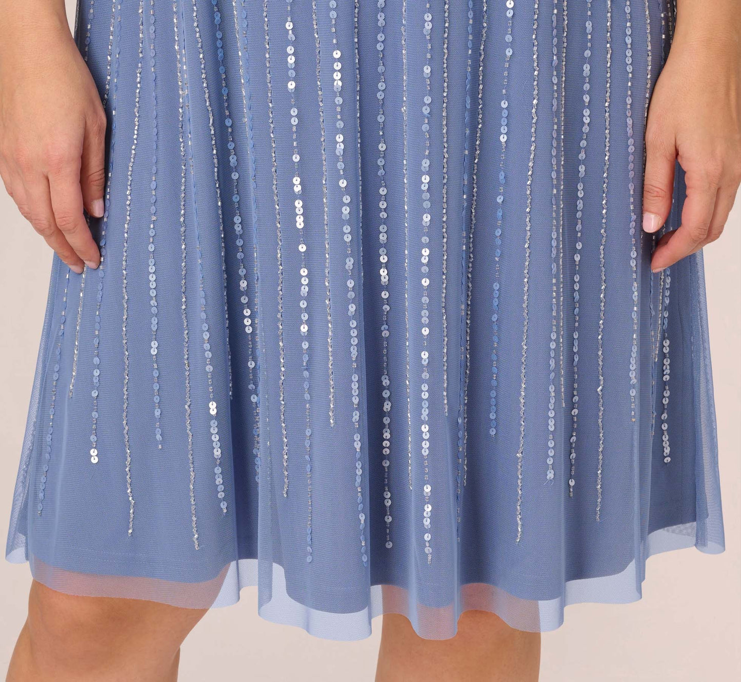 Plus Size Hand Beaded Illusion Faux Wrap Short Cocktail Dress In French Blue