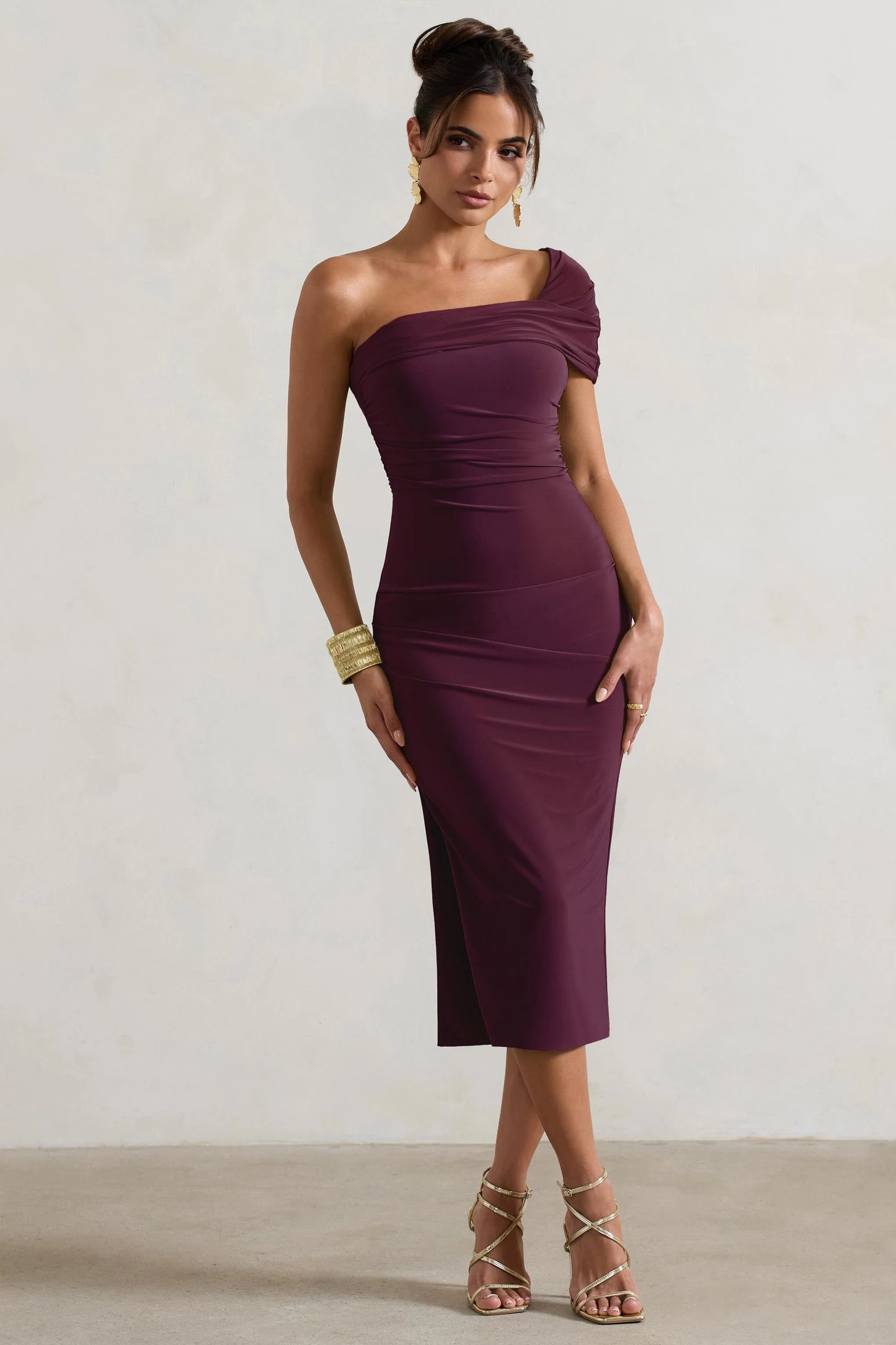 Hawaii Plum Asymmetric One-Shoulder Split Midi Dress