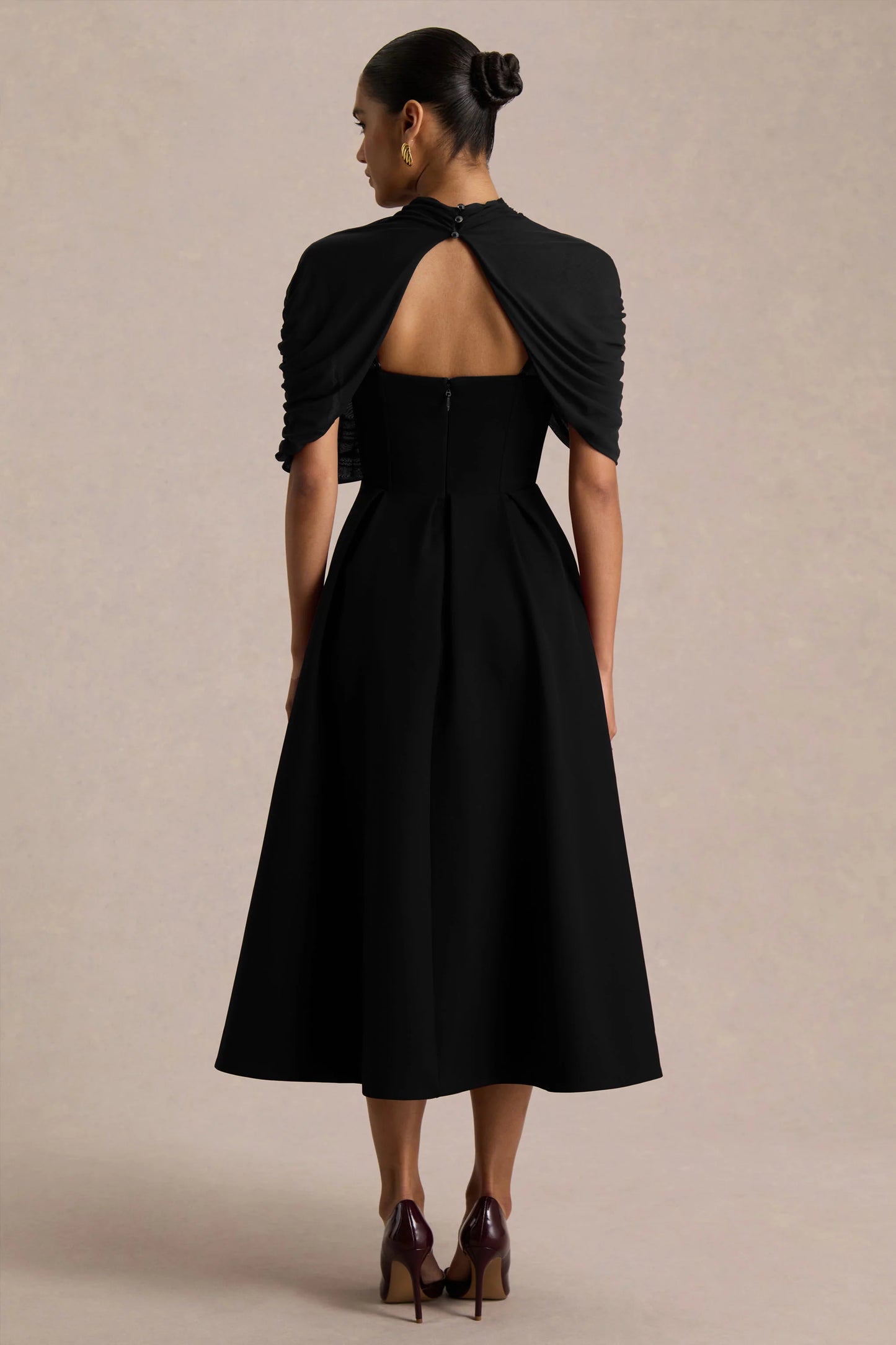 Thalia Black High-Neck Midi Dress With Sheer Mesh Cape