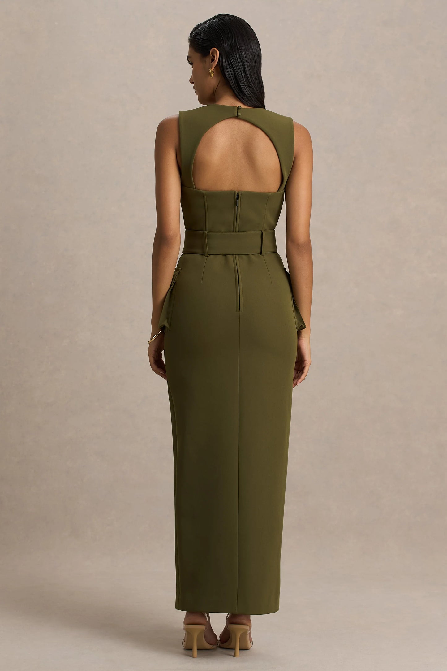 Sandra Olive Square-Neck Tailored Maxi Dress With Front-High Split