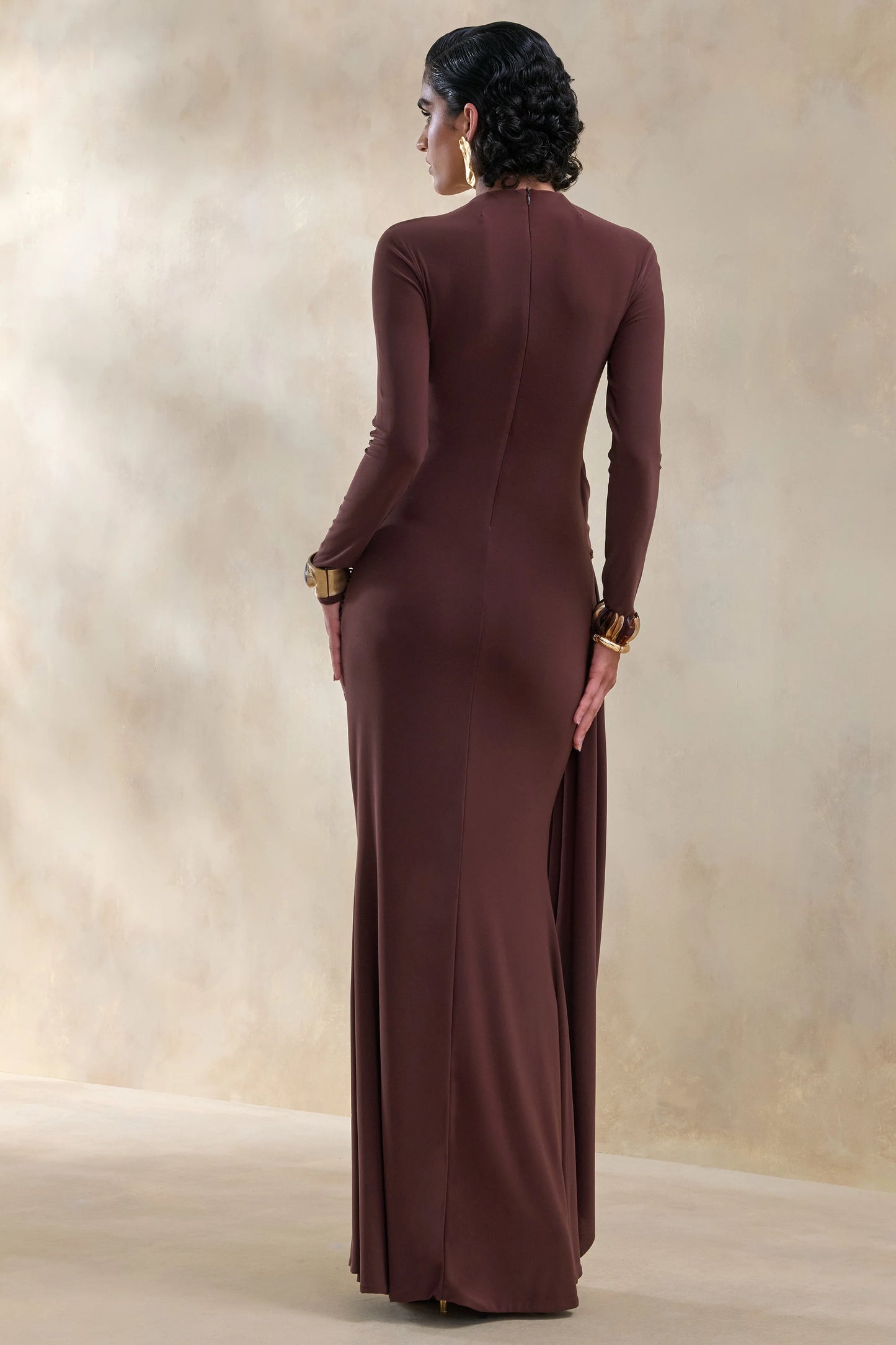 Kyrissa Brown High-Neck Maxi Dress With Gathered-Detailing