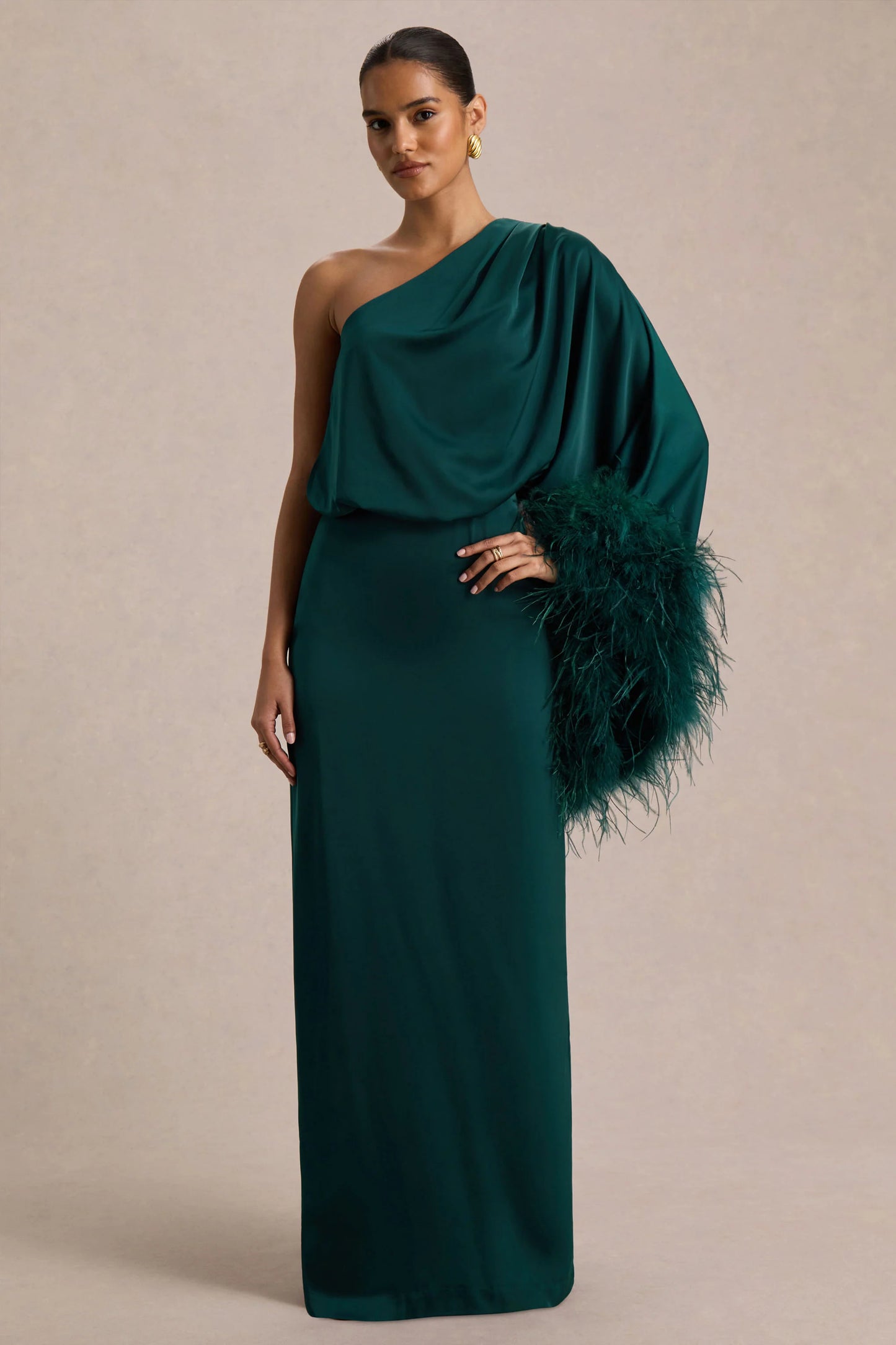 Felicity Teal Satin Asymmetric-Neck Maxi Dress With Feather Detailing