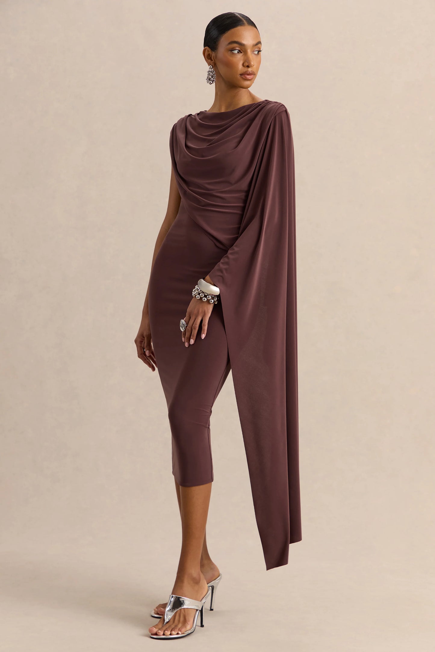 Kamoria Brown Round-Neck Midi Dress With Cape-Sleeve