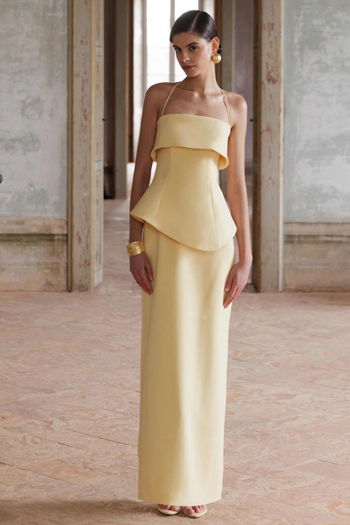 Fran Lemon Square-Neck Corset Maxi Dress