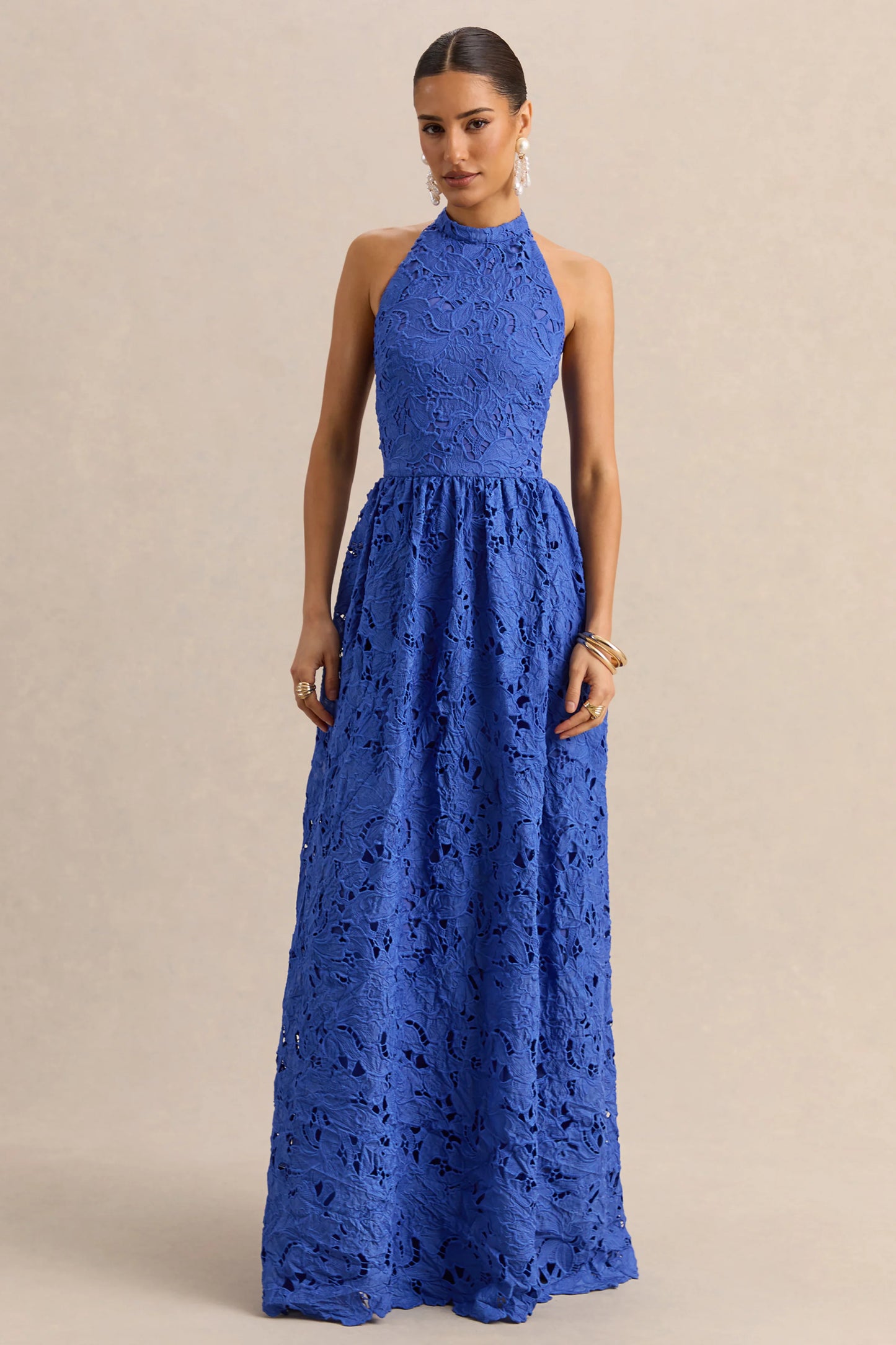 Indiana Dark Blue Broderie Halter-Neck Maxi Dress