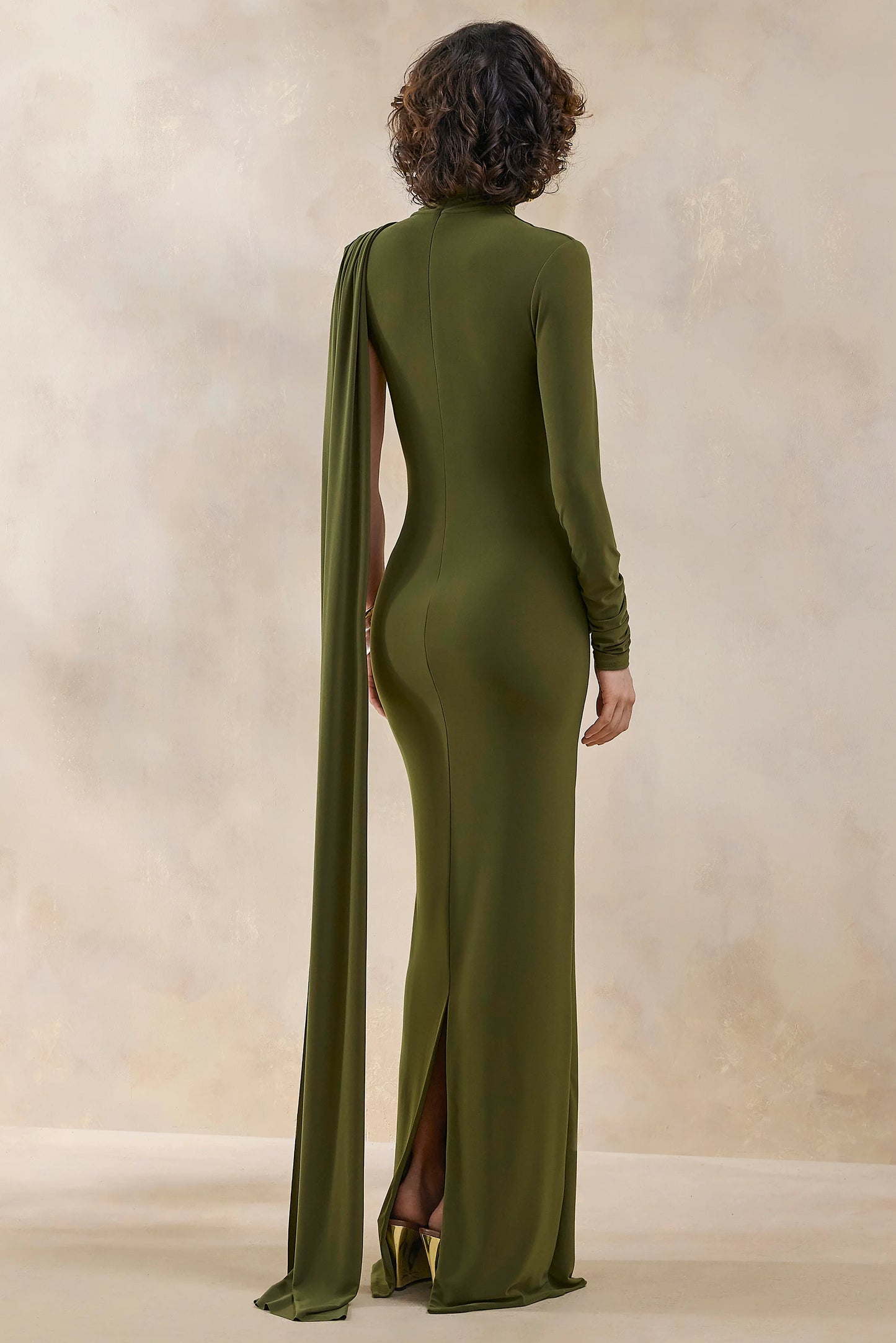 Oliria Olive High-Neck Maxi Dress With One-Long Sleeve And Sash-Detail