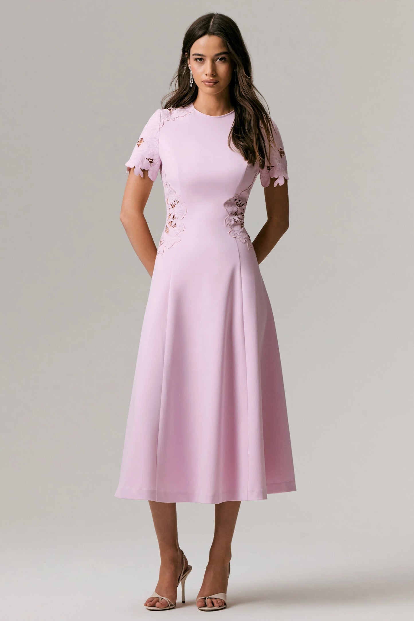 So Sweet Pink Crew-Neck Midi Dress With Cut-Out Embroidered Detailing