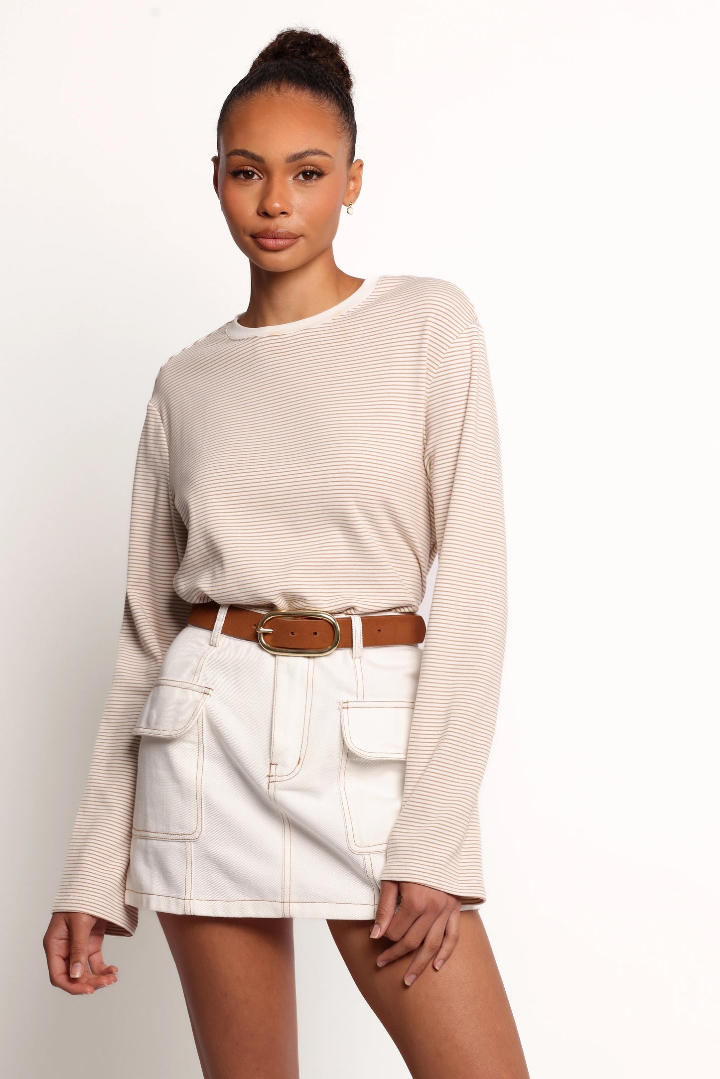 Ruva Long Sleeve Tee - Beige White Stripe