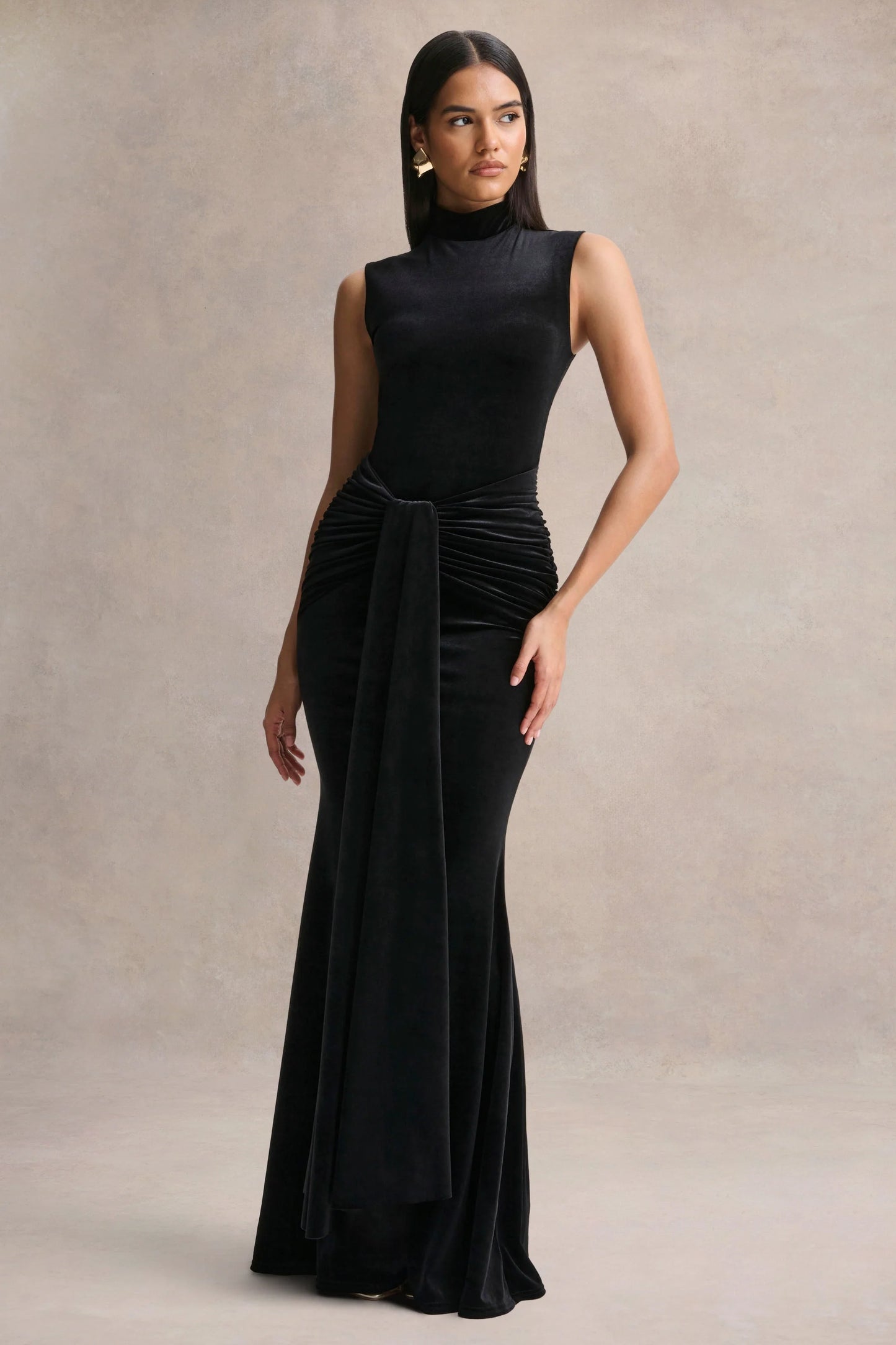 Idalina Black Velvet High-Neck Maxi Dress With Gathered-Detailing
