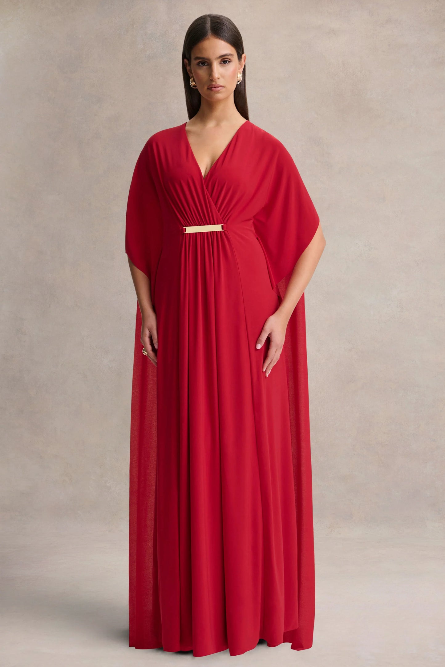 Romilly Red Plunge-Neck Maxi Dress With Gathered Detail