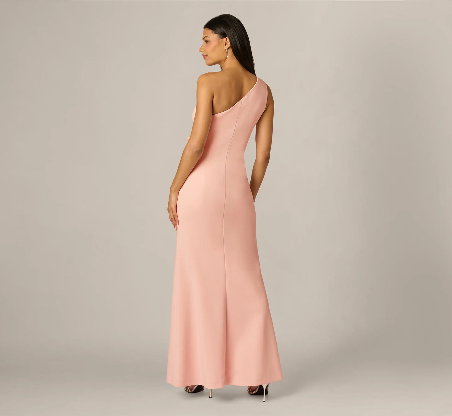 One Shoulder Stretch Rosette Gown In Blush Whisper