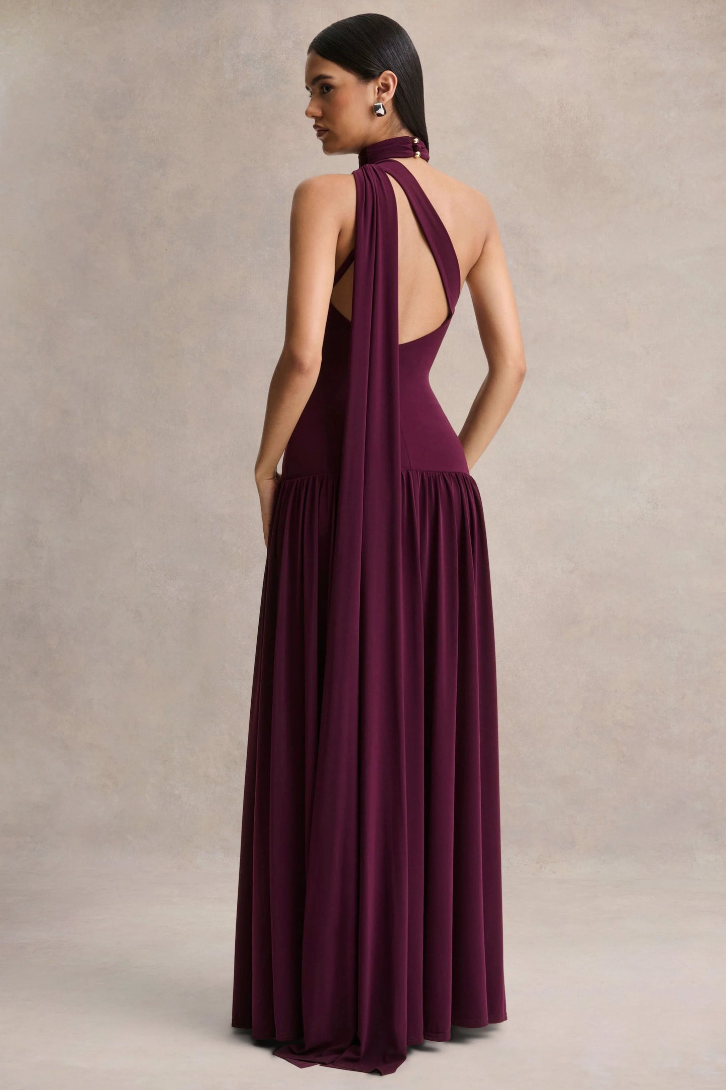 Freesia Plum Asymmetric-Neck Maxi Dress With Scarf-Detail