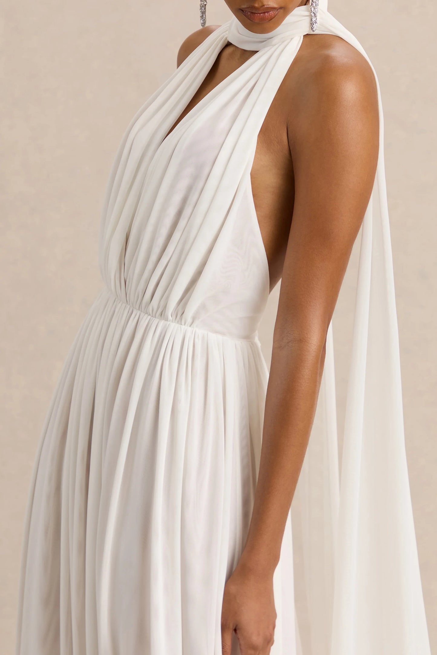 Rylina White Mesh Halter-Neck Maxi Dress With Scarf And Open-Back