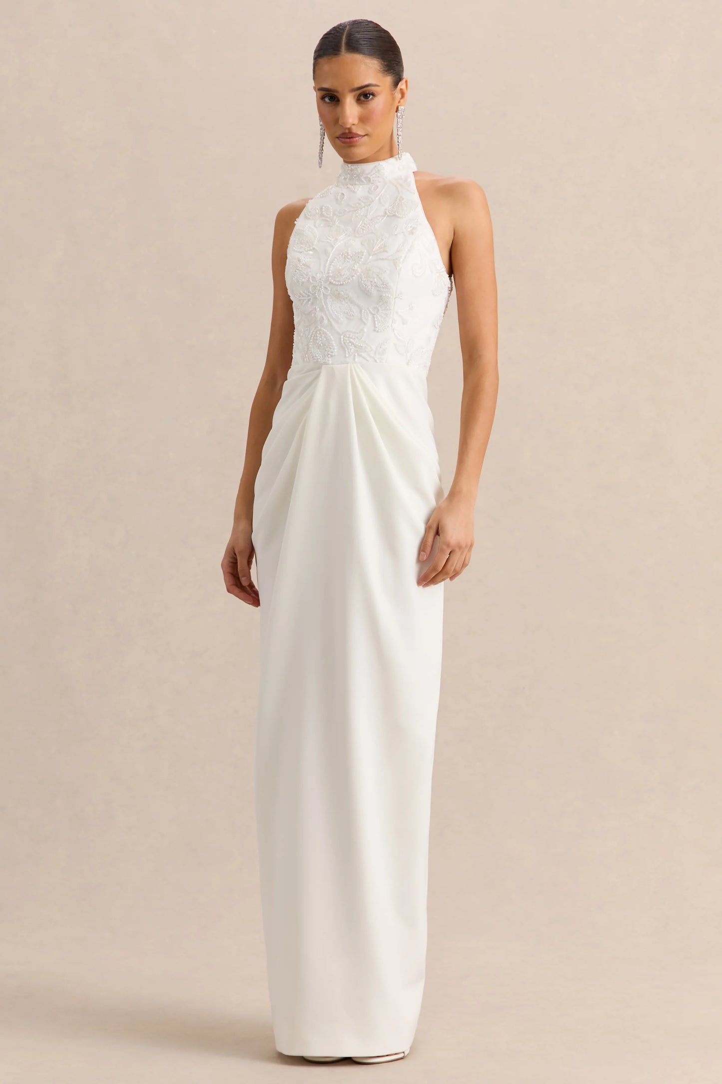 Charlotte White Halter-Neck Maxi Dress With Gathered-Detailing