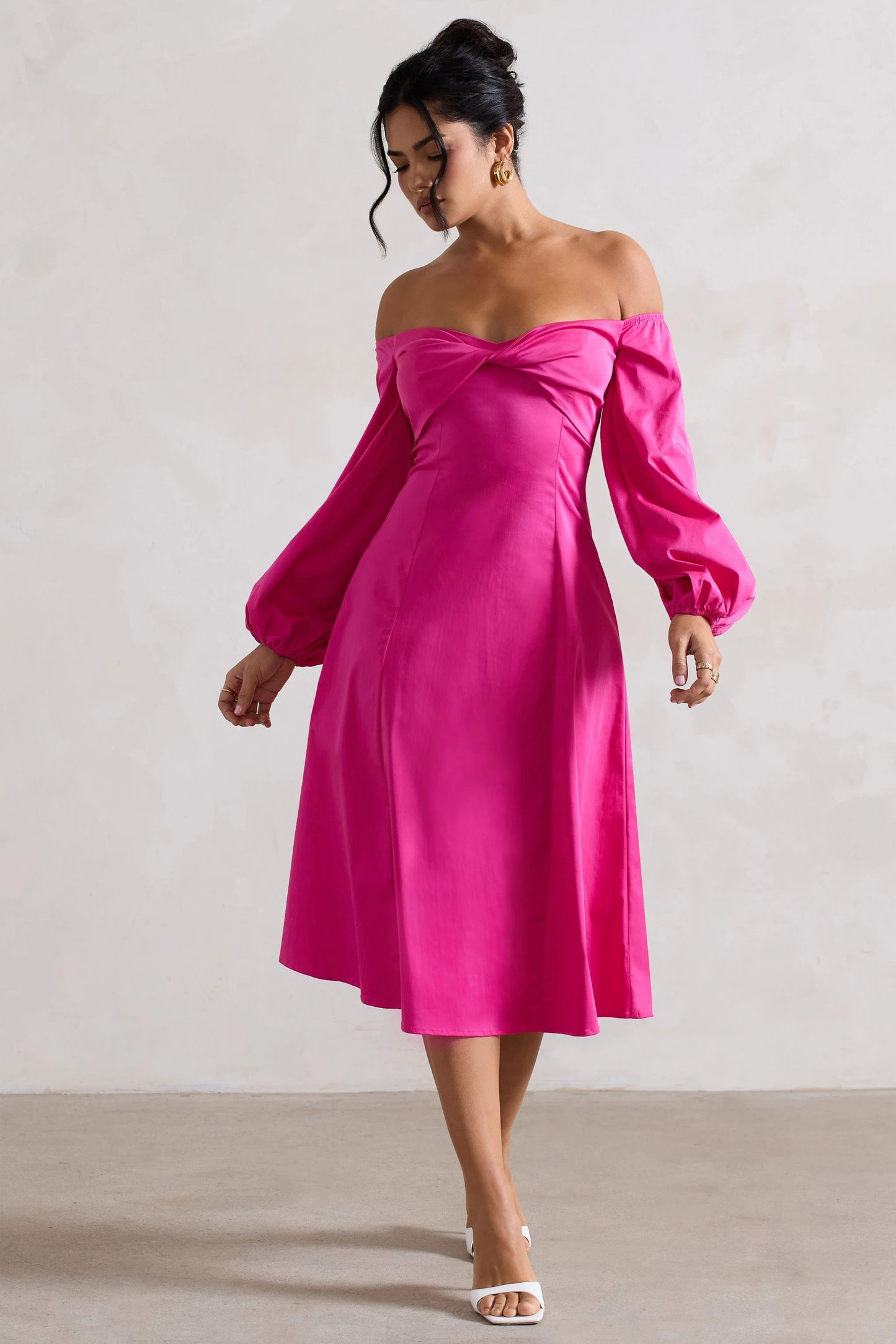 Santino Hot Pink Twisted Bardot Puff-Sleeve Midi Dress