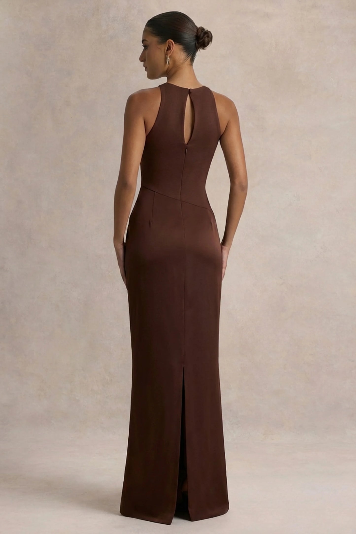 Akari Brown Crew-Neck Maxi Dress With Satin Skirt
