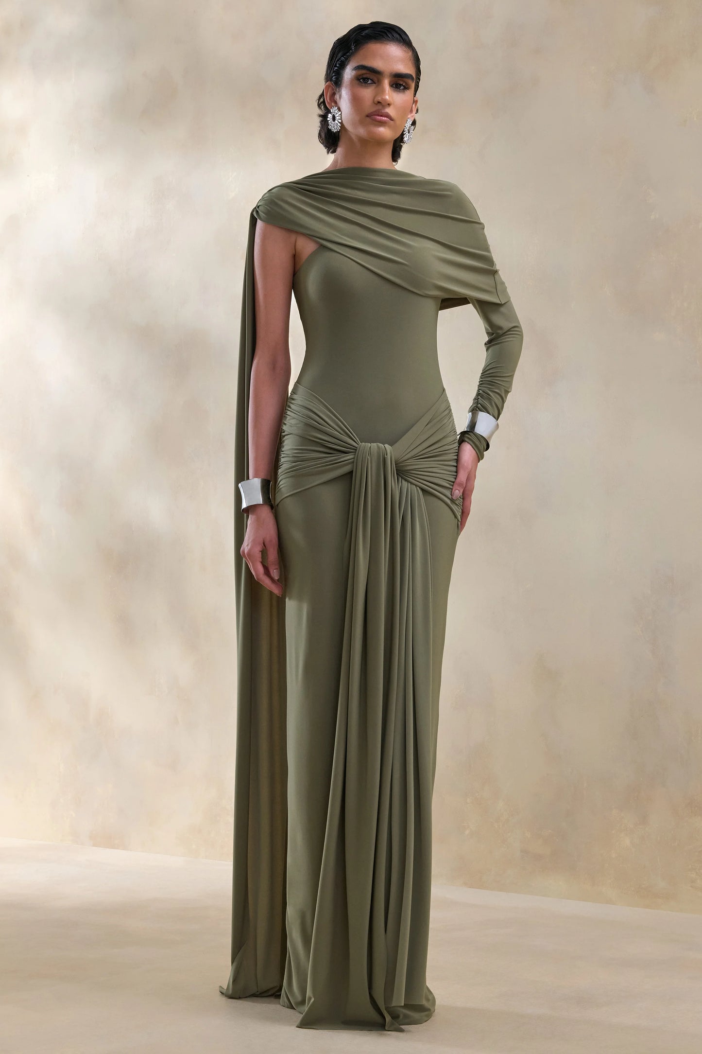 Trisara Olive Asymmetric-Neck Maxi Dress With Gathered-Detailing And Sash