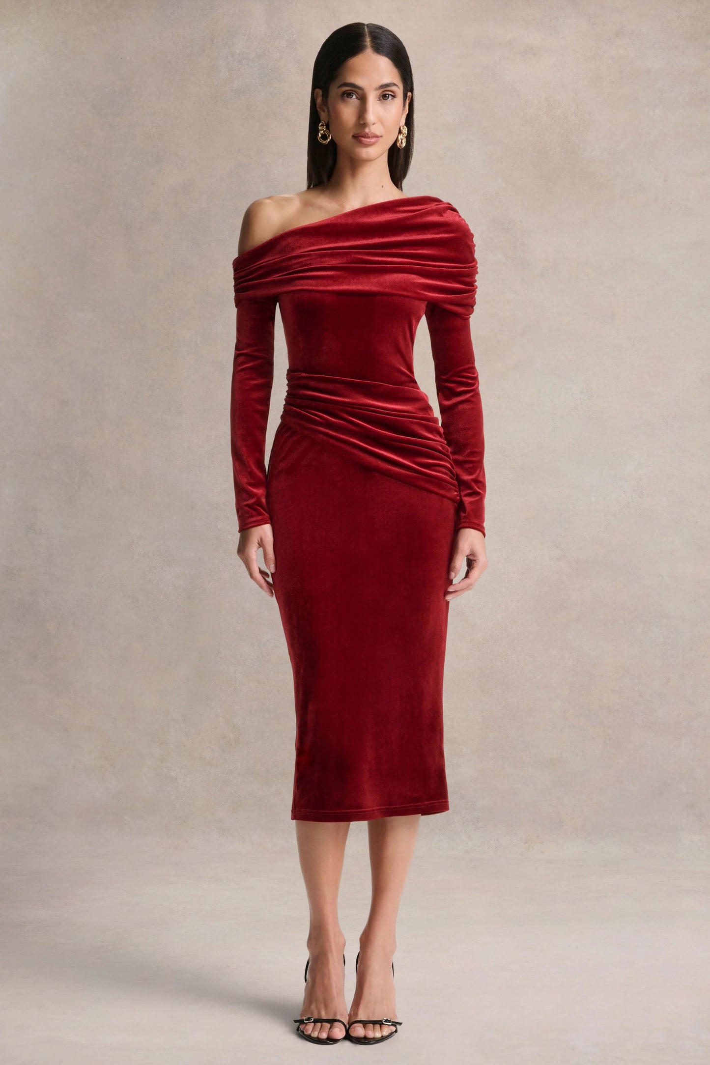 Eirene Red Velvet Asymmetric-Neck Midi Dress