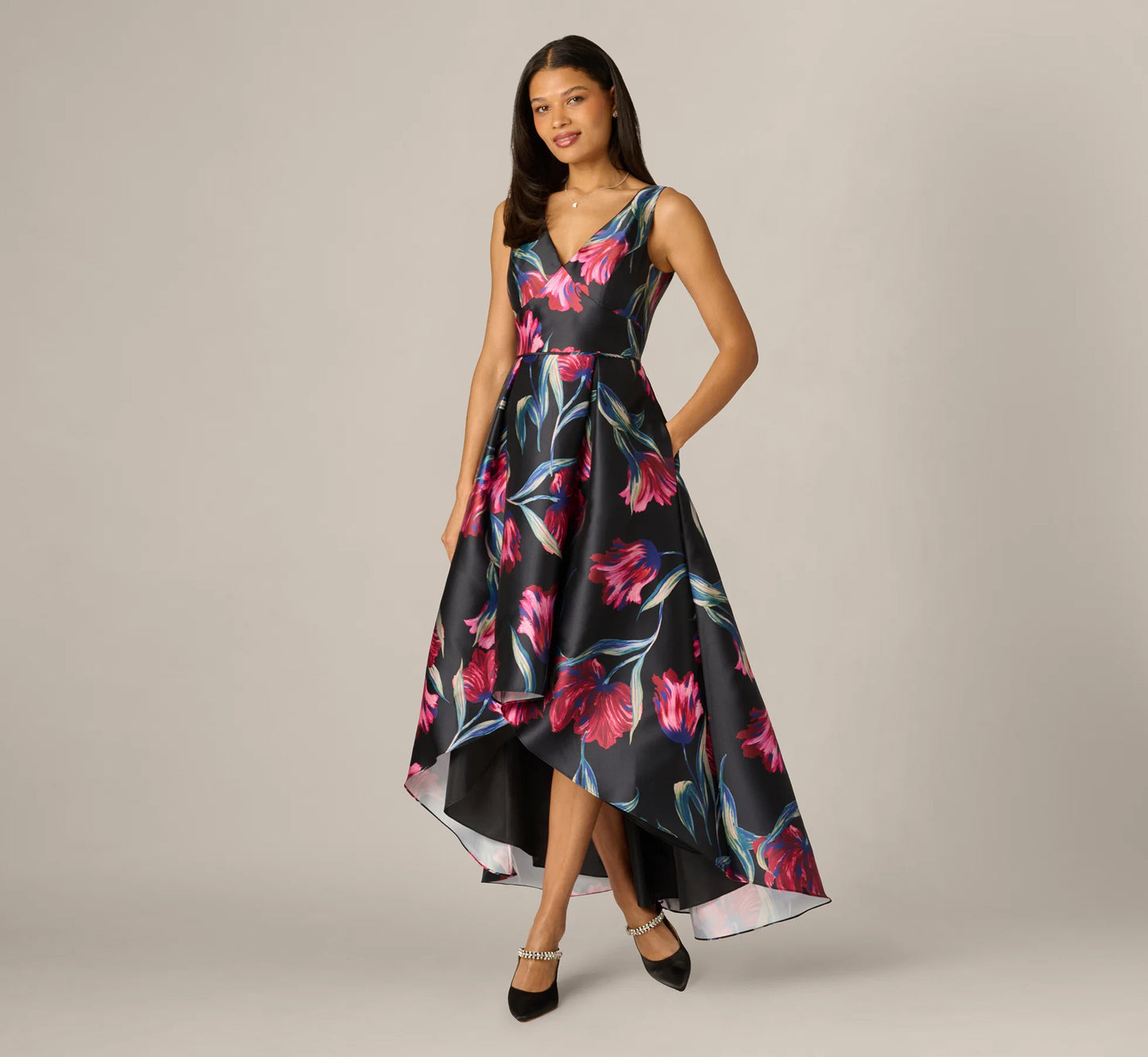 Floral Print Mikado High Low Gown In Black Multi