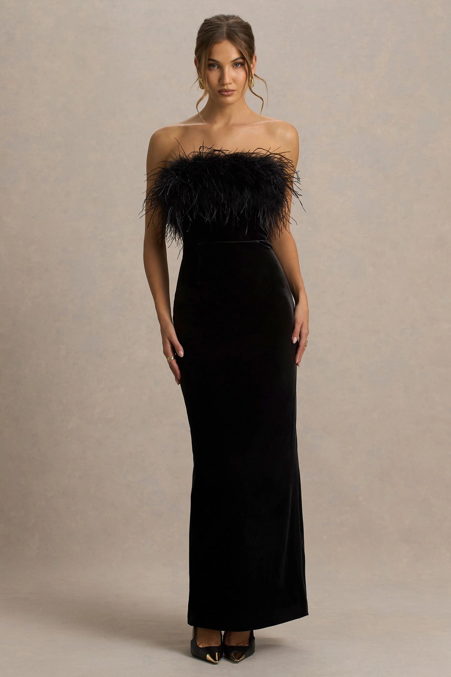 Arella Black Velvet Bandeau Maxi Dress With Feather Trim