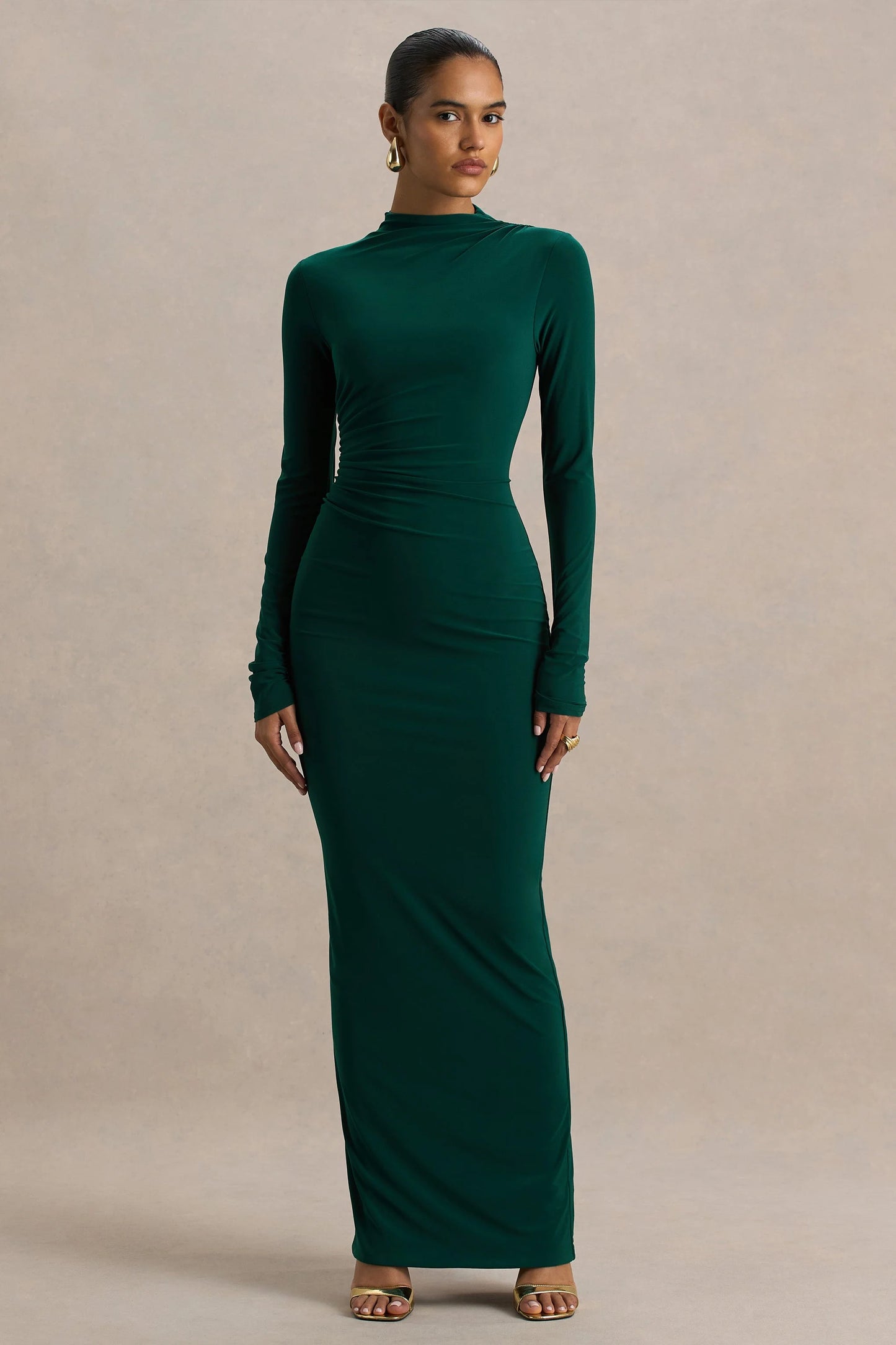 Eden Bottle Green High-Neck Maxi Dress With Ruched Detailing