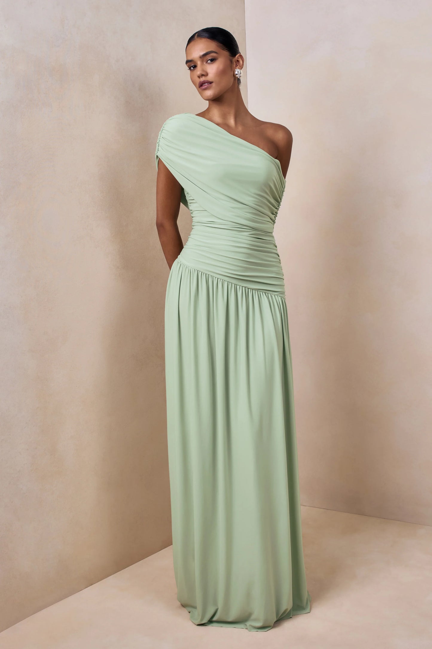 Emberly Green Draped Asymmetric-Neck Maxi Dress With Drop-Waist