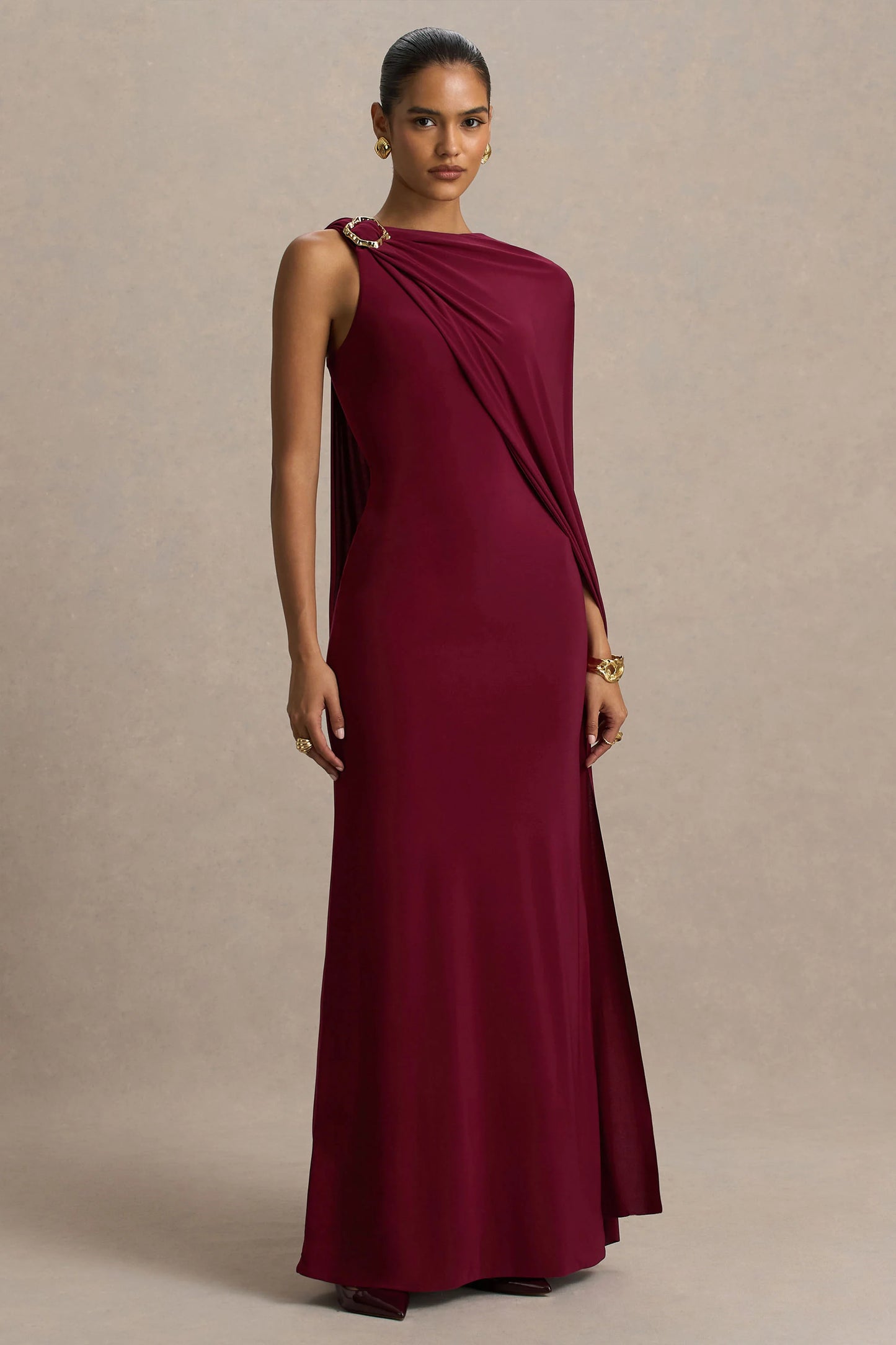 Cressida Burgundy Asymmetric-Neck Maxi Dress With Cape And Gold Detail