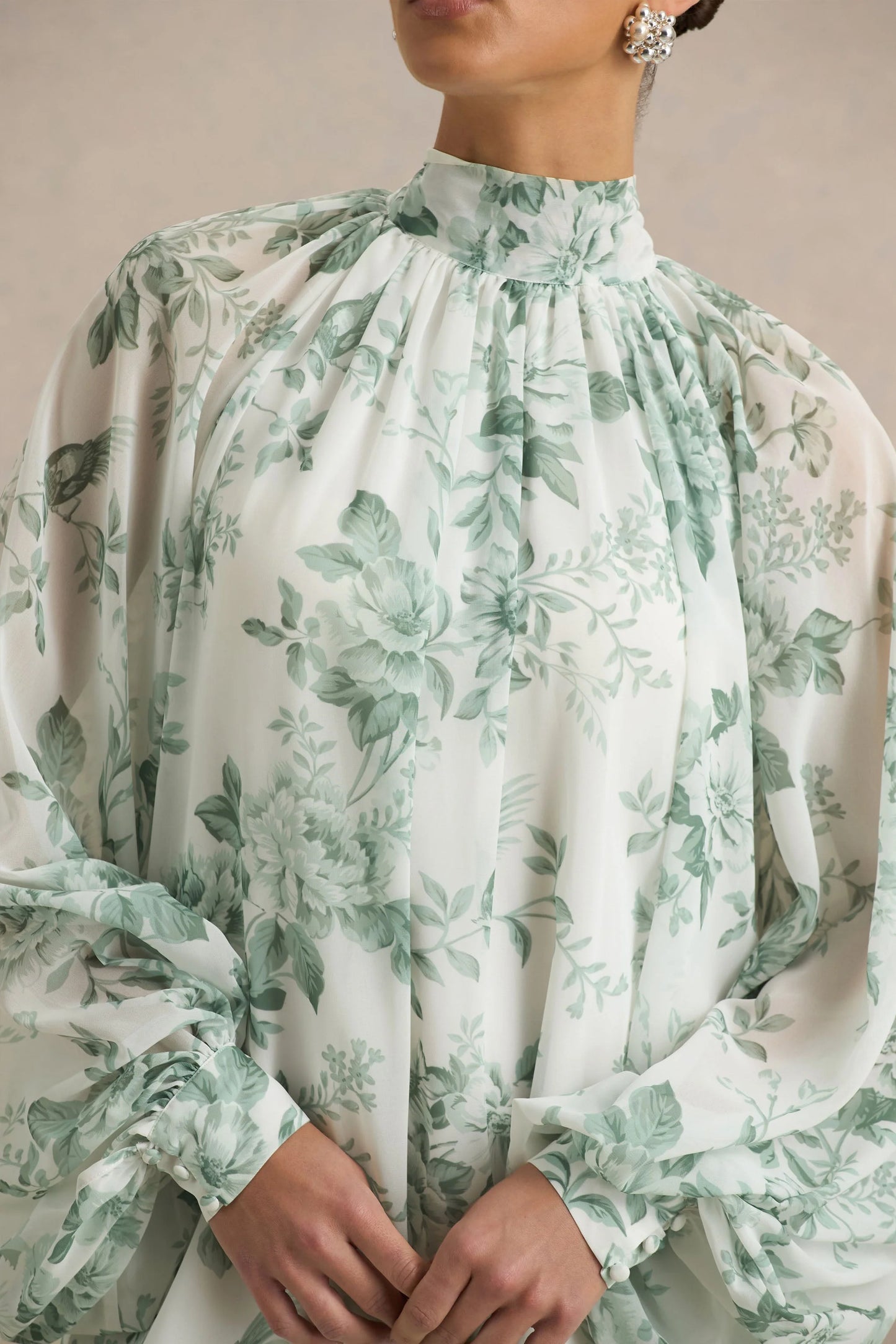 Delphia Green Floral Print High-Neck Maxi Dress