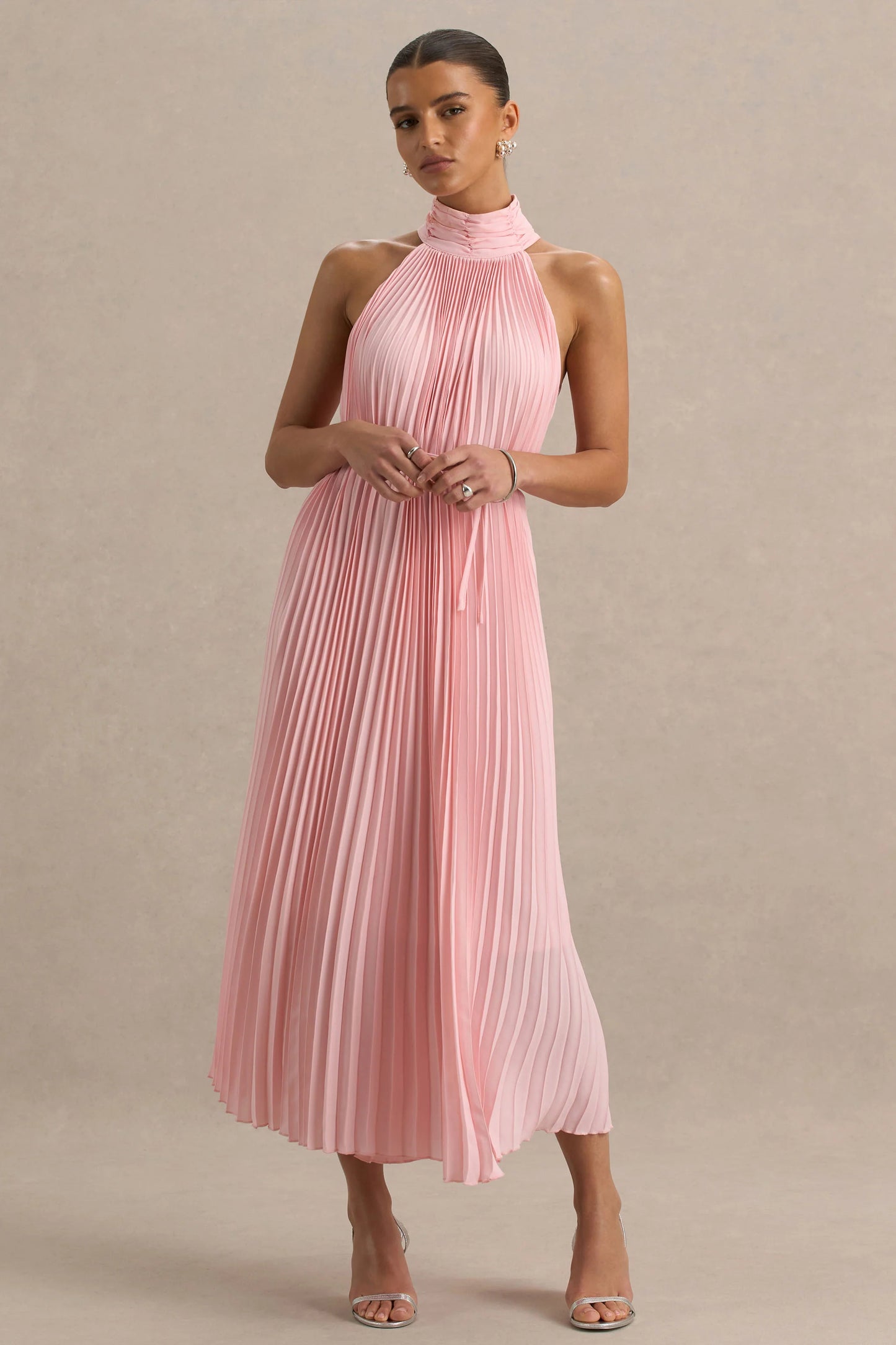 Tulip Blush Pink Pleated High-Neck Midi Dress