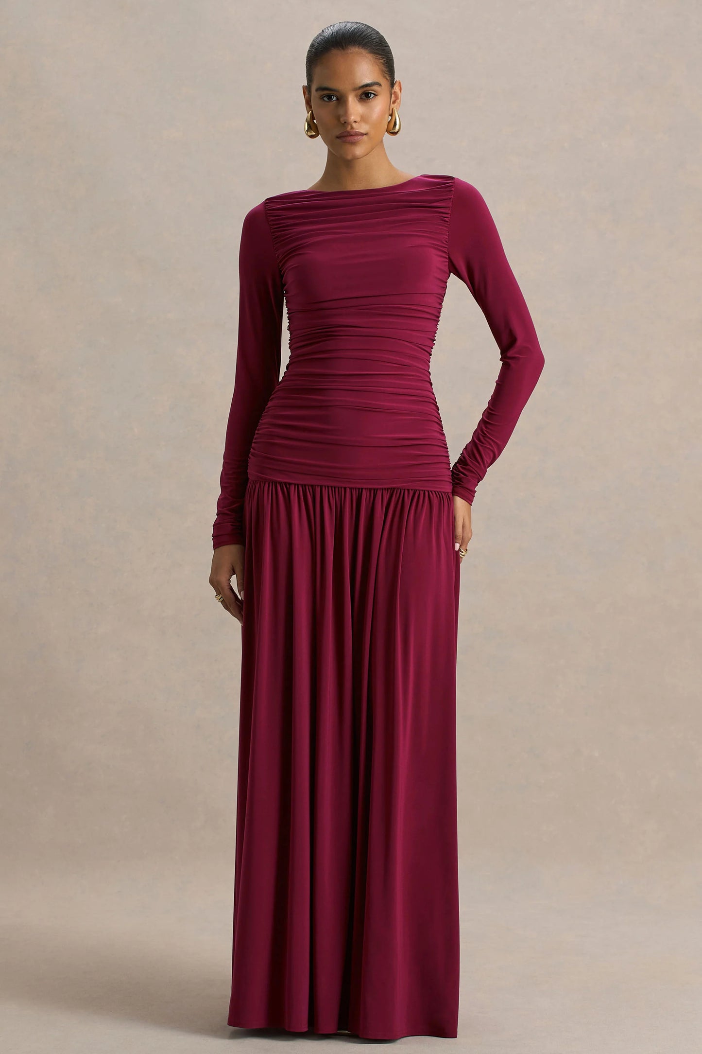 Aniyah Burgundy Slashed-Neck Maxi Dress With Ruched Detailing