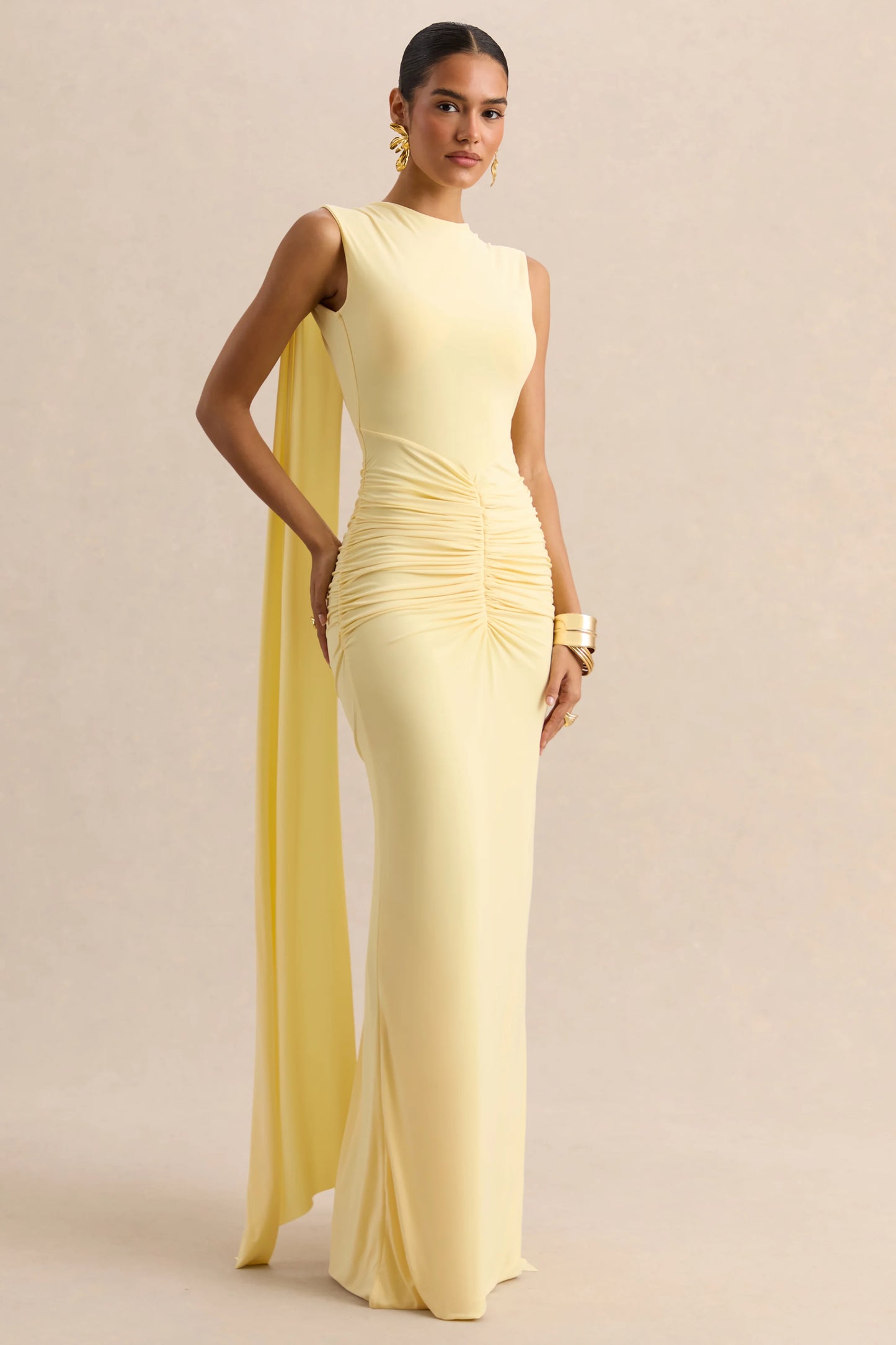 Premiere Lemon Boat-Neck Maxi Dress With Cape-Sleeves And Open-Back