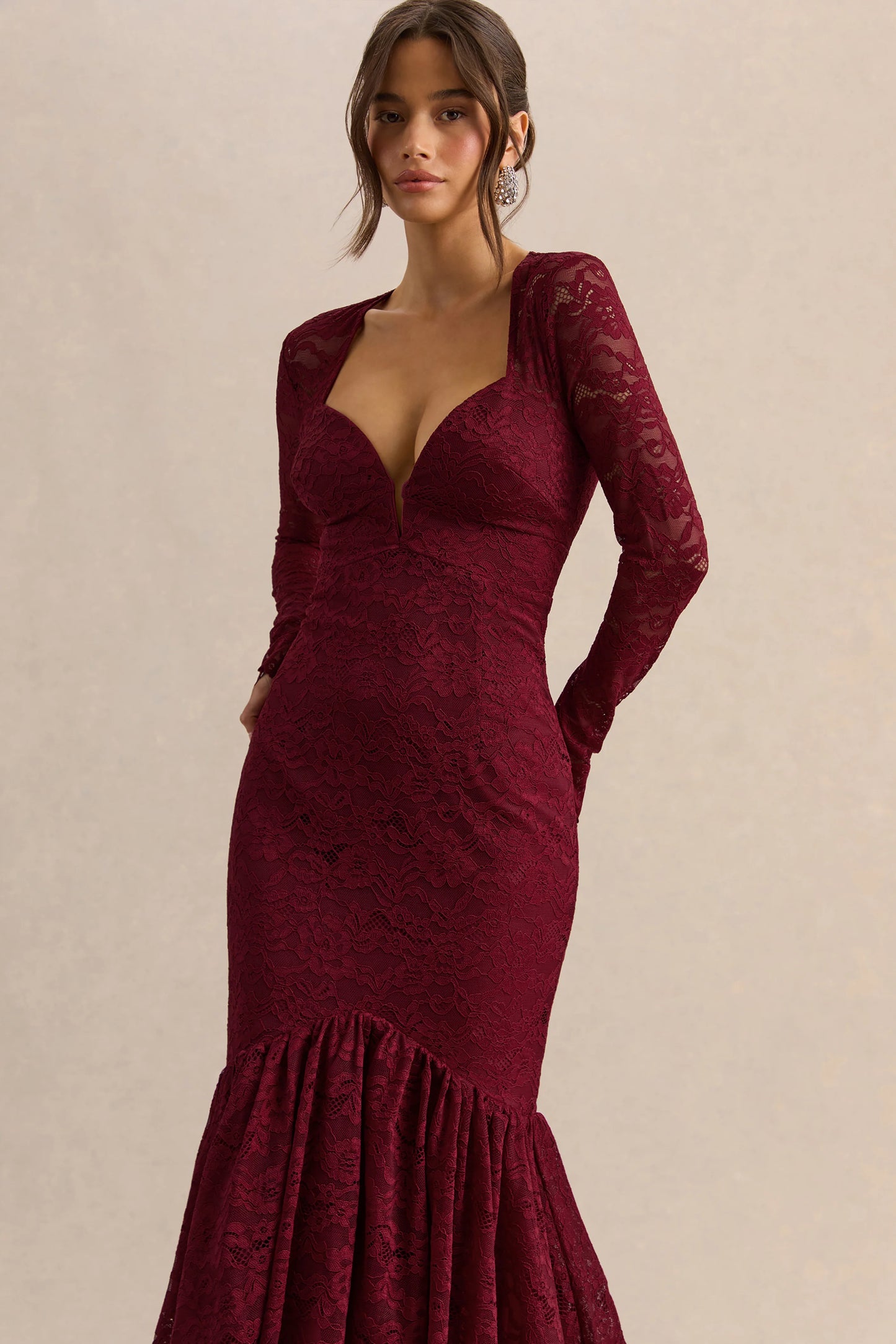 Camilly Burgundy Lace Plunge-Neck Mermaid Midi Dress