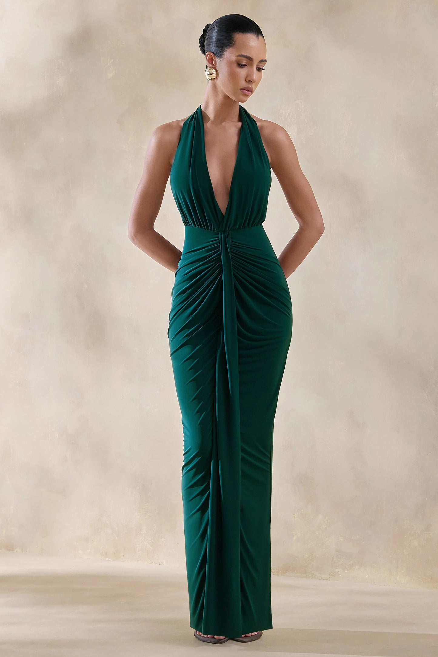 Lesley Bottle Green Plunge-Neck Maxi Dress
