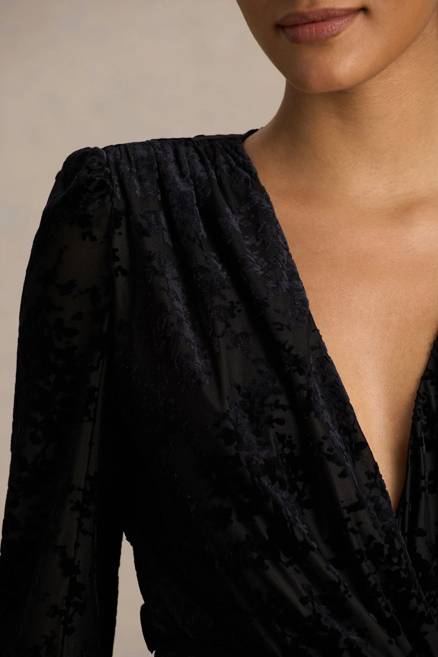 Vicenta Black Velvet Devore Plunge-Neck Wrap Mini Dress