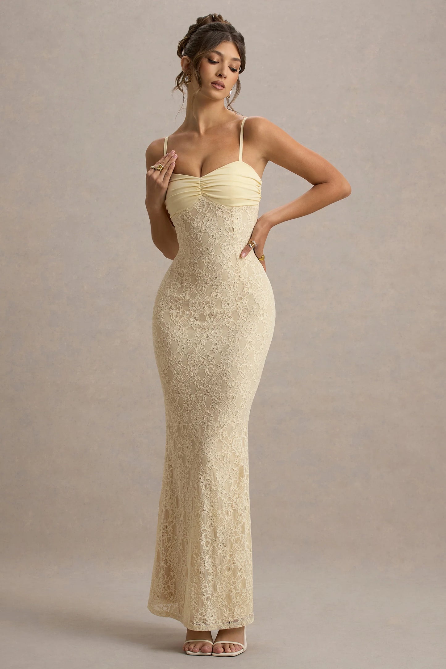 Felicia Pale Lemon Satin Sweetheart Maxi Dress With Lace Details