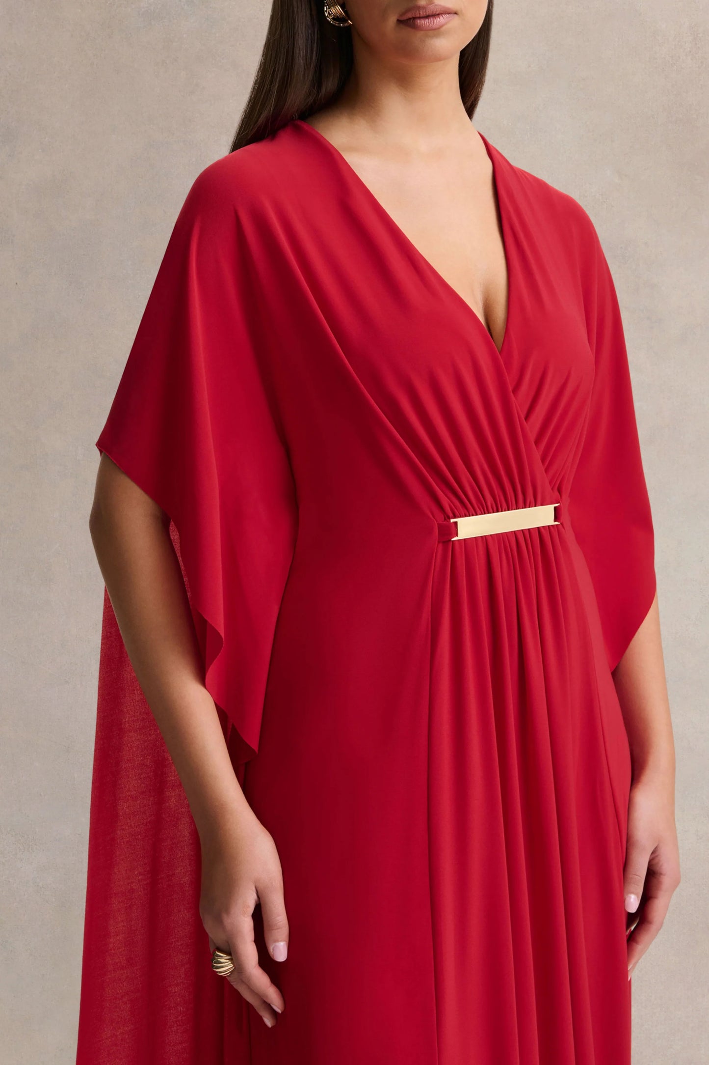 Romilly Red Plunge-Neck Maxi Dress With Gathered Detail